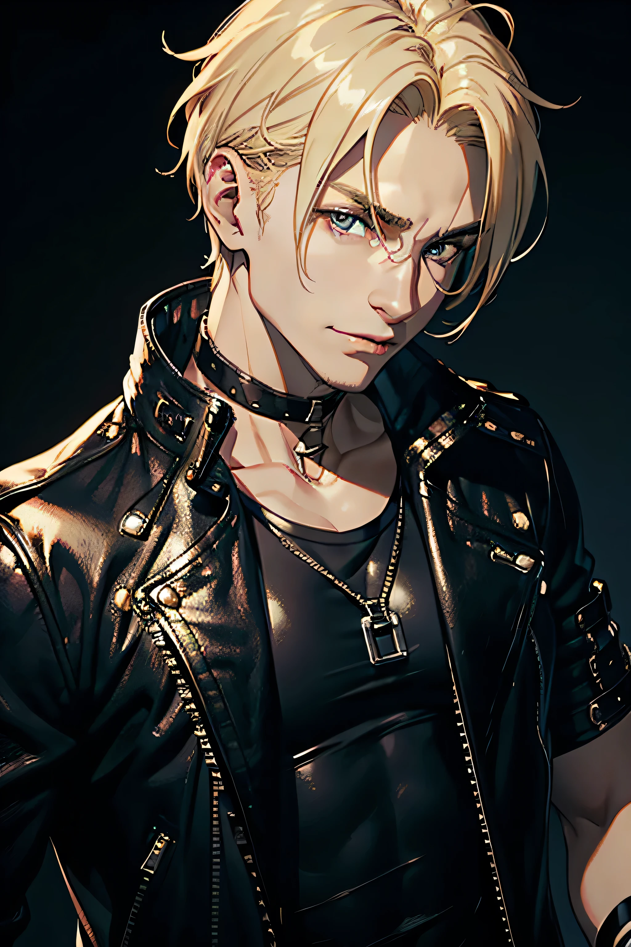 top-quality masterpiece, blond hair, black eyes, leather jacket, black tank top, 1guy, 1male, pretty boy, smirking, choker