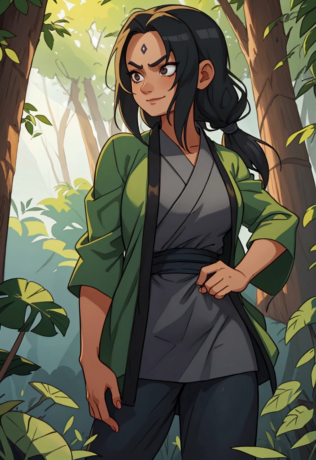 A young girl with tanned skin, dark eyes, and black curly hair. She is dressed in the outfit of Tsunade Senju from Naruto. The background is a serene forest with soft sunlight filtering through the trees, casting a gentle glow on her. Her expression is confident and determined, reflecting the strength and resolve of Tsunade. The colors should be vibrant, highlighting the richness of her skin tone and the details of the outfit, which includes a green haori, grey kimono, navy pants, and open-toe sandals. She stands with a poised and powerful stance, exuding a sense of authority and grace. She should have all the mannerisms and characteristics of Tsunade, including a strong and fearless posture, a confident and slightly mischievous smile, and the presence of her iconic forehead mark.