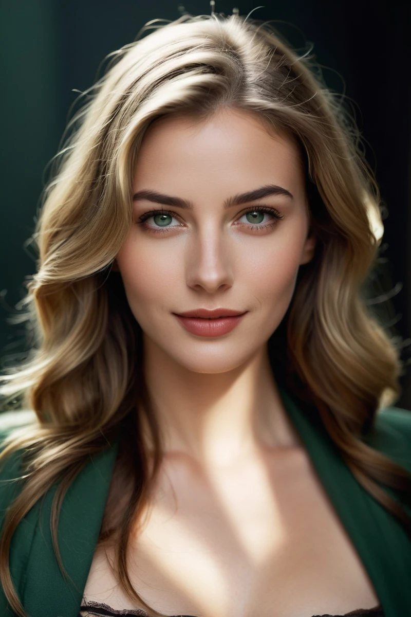 Create a realistic photo of a beautiful 29-year-old European woman facing the camera. She has a noticeable and magnetic presence. Her eyes should be a captivating dark deep green, with a strong jawline, and full, sensual lips. Her eyebrows are finely arched. Her hair is long, soft white-white blond with a pearly sheen, and extra long wavy. The portrait should capture a detailed face, with finely detailed skin and a pale complexion. She has a light, amused smile with hair slightly over her eyes.
Closeup portrait with surreal and amazing quality, a masterpiece with the best quality. The composition should be cinematic, with soft shadows, atmospheric haze, film grain, and a shallow depth of field. The photo should have a moody, epic, and highly detailed feel, resembling a high-budget cinemascope still from the 2000s. The image should be photorealistic, candid, and color graded with cinematic and atmospheric lighting, showing imperfections and a natural look.