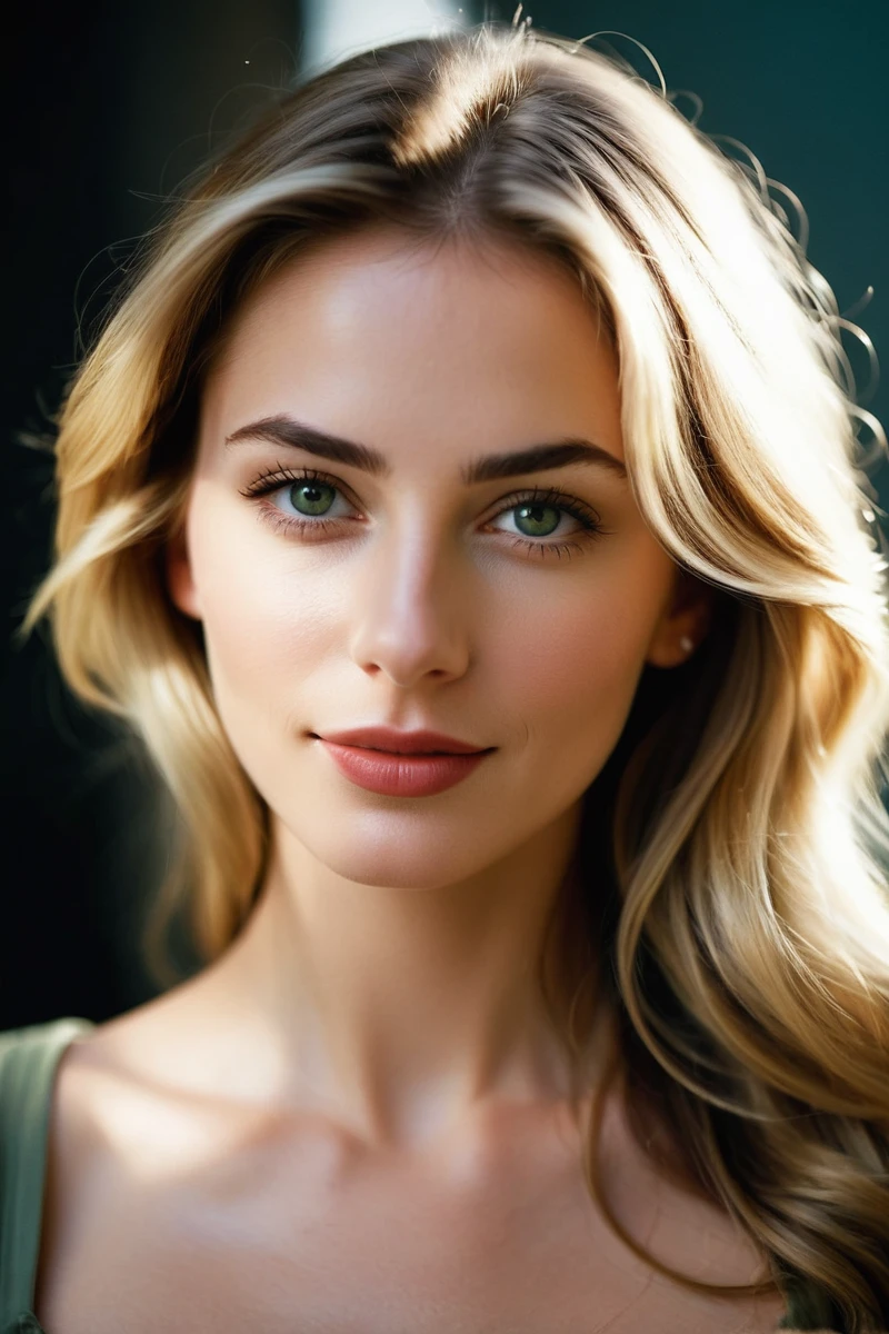Create a realistic photo of a beautiful 29-year-old European woman facing the camera. She has a noticeable and magnetic presence. Her eyes should be a captivating dark deep green, with a strong jawline, and full, sensual lips. Her eyebrows are finely arched. Her hair is long, soft white-white blond with a pearly sheen, and extra long wavy. The portrait should capture a detailed face, with finely detailed skin and a pale complexion. She has a light, amused smile with hair slightly over her eyes.

Closeup portrait with surreal and amazing quality, a masterpiece with the best quality. The composition should be cinematic, with soft shadows, atmospheric haze, film grain, and a shallow depth of field. The photo should have a moody, epic, and highly detailed feel, resembling a high-budget cinemascope still from the 2000s. The image should be photorealistic, candid, and color graded with cinematic and atmospheric lighting, showing imperfections and a natural look.