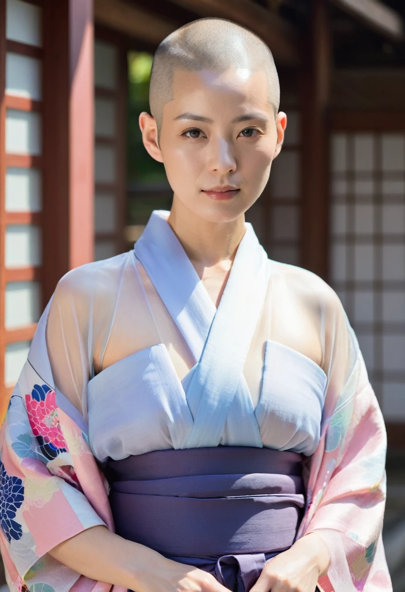 Japan now、temple、clergyman、Disheveled, see-through kimono、Woman Shaved Head