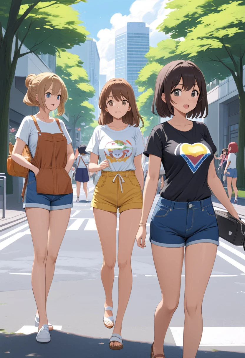 the attractive Akane Tendo from the anime "Ranma 1/2," traveling through Tokyo park dressed in summer overall short shorts and form-fitting t-shirt. Capture their lively expressions as they explore the bustling city, surrounded by cherry blossom park scene. Anime, Slice of Life, Urban, Female Protagonist, Summer Outfits, Friendship, Tokyo, Akane.