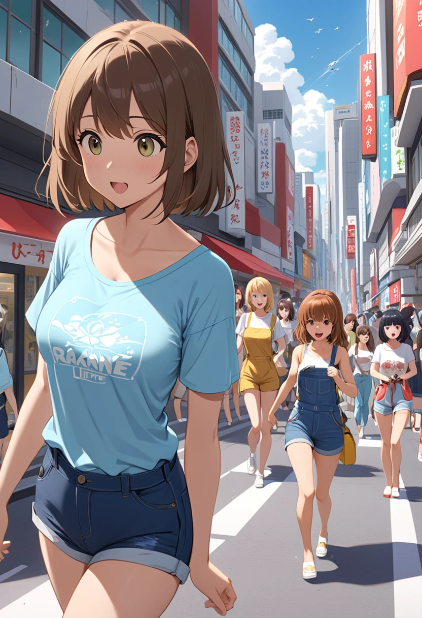 the attractive Akane Tendo from the anime "Ranma 1/2," traveling through Tokyo park dressed in summer overall short shorts and form-fitting t-shirt. Capture their lively expressions as they explore the bustling city, surrounded by cherry blossom park scene. Anime, Slice of Life, Urban, Female Protagonist, Summer Outfits, Friendship, Tokyo, Akane.