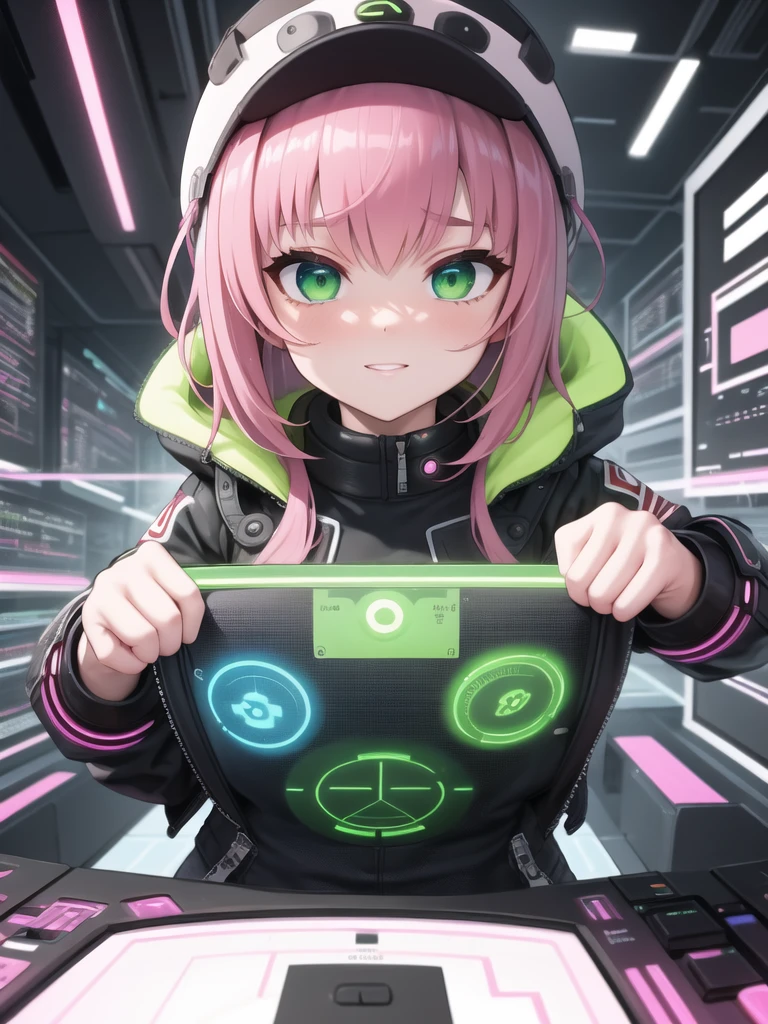 ((best quality)), ((masterpiece)), (detailed),
Futuristic hacker, (Navigating cyberspace: 1.3), (Uncovering classified secrets: 1.2), (Fighting against oppressive regimes: 1.2), vibrant pink hair, leather jacket adorned with neon circuitry, glowing blue cybernetic implants.green nose pi6