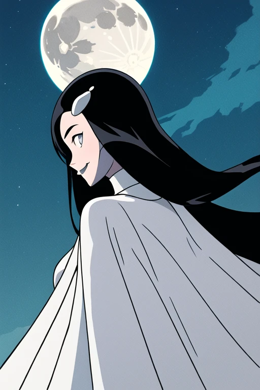 Tinya Wazzo, solo,black hair, long hair. grey eyes, smile, grey lips, white cape, best quality, masterpiece, 1girl, Masterpiece, Best Quality, Detail, forest, night, moon, From Behind, From Below, cape in front, solo, 1girl