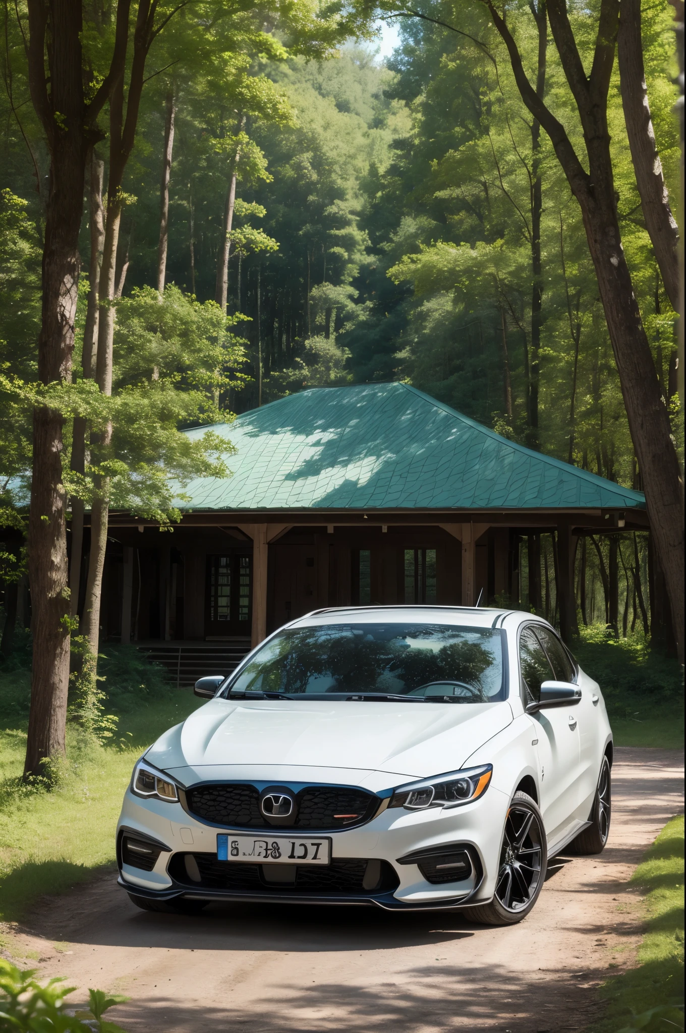 Create a new car in a forest with many flowers of the same color as the car with a man sitting on the roof of the car 