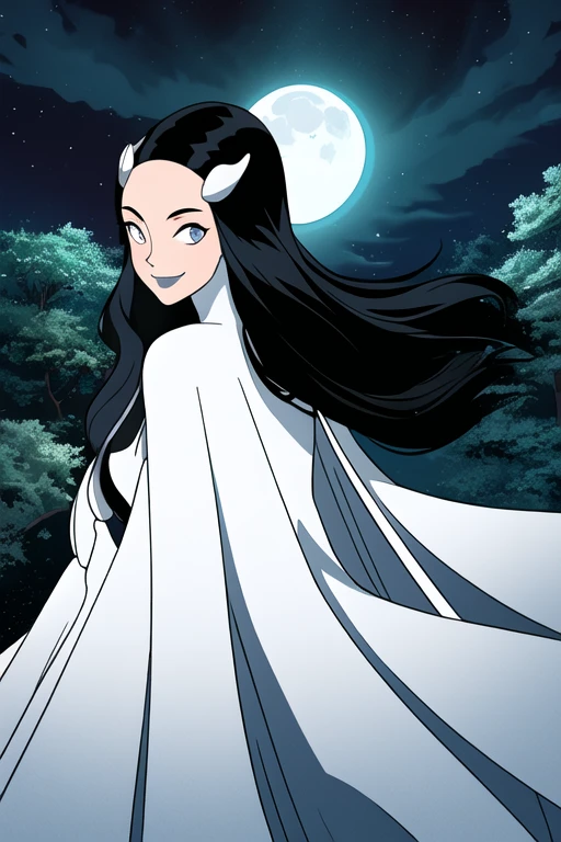 Tinya Wazzo, solo,black hair, long hair. grey eyes, smile, grey lips, white cape, best quality, masterpiece, 1girl, Masterpiece, Best Quality, Detail, forest, night, moon, From Behind, From above, cape in front, solo, 1girl
