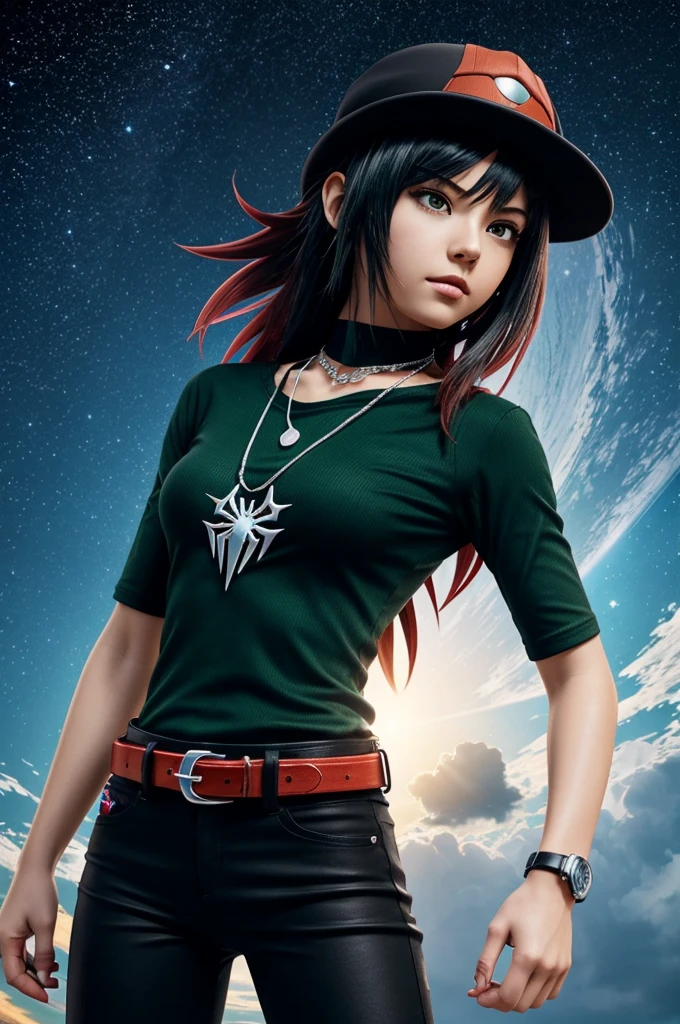 Generate an image of an anime-style Roblox character to use as a profile photo on TikTok. The character wears a black t-shirt with a ripped design at the bottom and black pants with light blue details. She wears a silver necklace with a visible pendant and a silver belt.. The character is wearing a black Spiderman mask, with big white eyes. He wears a green hat in the shape of Saturn with stars and an additional red planet. The background should be simple and clear. The character is in a power pose, with arms raised and a confident gesture.