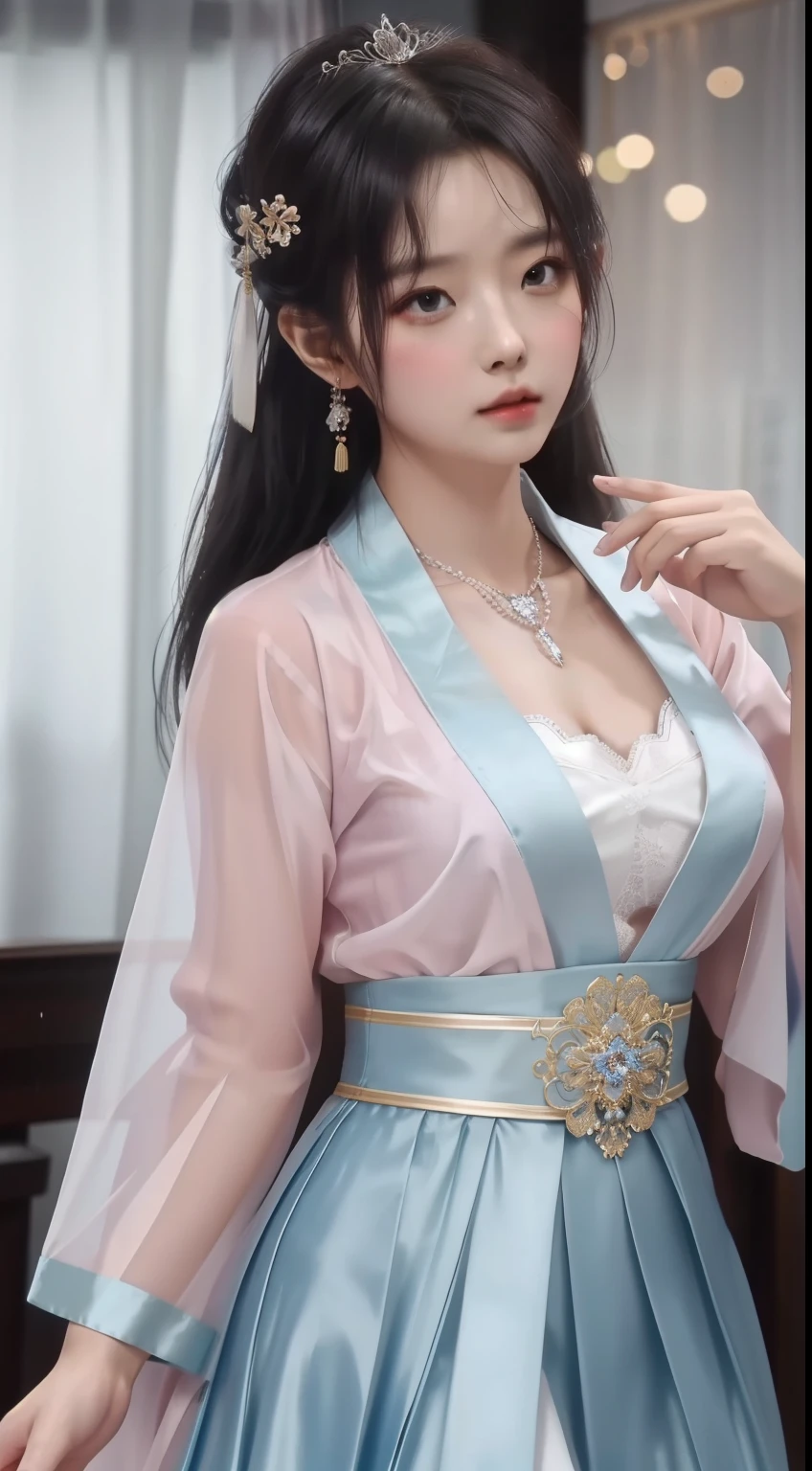 best quality, masterpiece, highres, 1girl,china dress,hair ornament,necklace, jewelry,Beautiful face,upon_body, tyndall effect,photorealistic, dark studio, rim lighting, two tone lighting,(high detailed skin:1.2), 8k uhd, dslr, soft lighting, high quality, volumetric lighting, candid, Photograph, high resolution, 4k, 8k, Bokeh, Wet-breasted Hanfu open V-chested clothes, All pictures, Wet body of thin silk fabric, Thin silk lace petticoat,princess yeald old cute, (huge ,cleavage),petticoat, white pink, blue ,best qualtiy,tmasterpiece,Ultra-high resolution,(Reality:1.4),RAW photogr,(True skin texture:1.3),(filmgrain:1.3),(Selfie angle),1个Giant Breast Girl,Beautiful eye and face details,tmasterpiece,Best quality at best,exposing thighs,Bigchest,The chest is more exposed, pattern on fabric