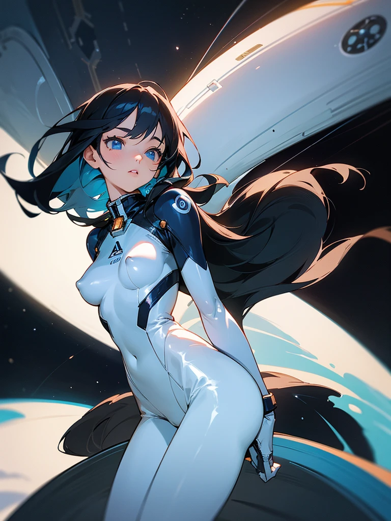 an anime girl in space with a very revealing and tight space suit that shows her nipples and the lips of her vagina, with her back slightly bent forward but with her arms behind her with her hands extended on her buttocks to lift them a little sexual way while looking at you with a cute pet cat with black fur floating next to her in space while it rains The girl has long black hair, and his eyes are a bright blue. The spacesuit is a metallic black color and has silver and blue details. The cat has bright blue eyes and appears to be looking into the distance, like he was exploring the cosmos together with the girl Cowgirl position