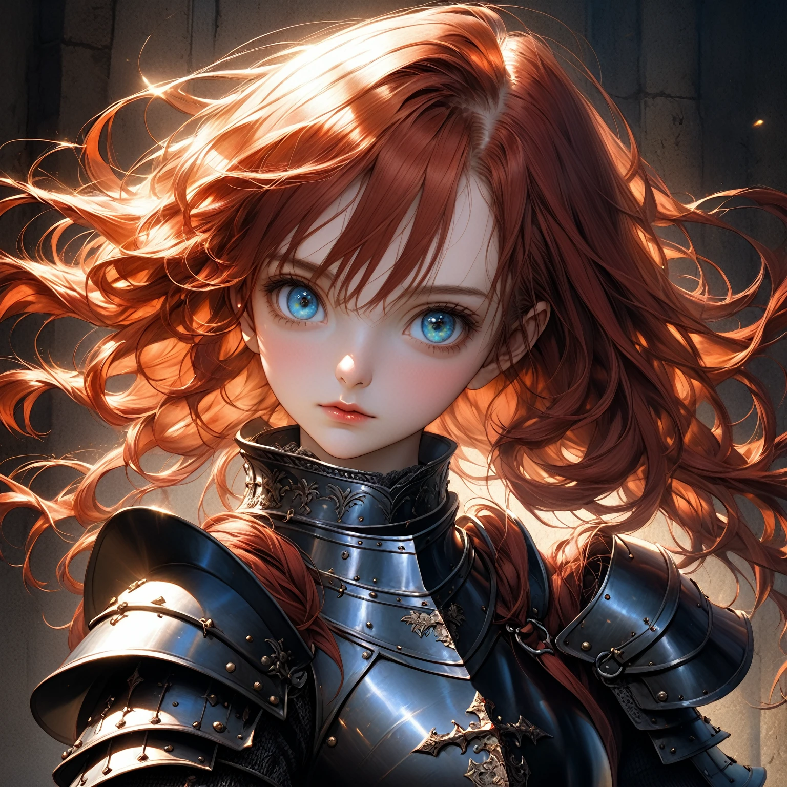 a girl with scarlet hair, azure eyes, wearing a medieval knight's armor, posing heroically, detailed portrait, realistic, photorealistic, 8k, ultra-detailed, masterpiece, oil painting, dramatic lighting, cinematic, atmospheric, french renaissance, chiaroscuro, rich colors, dramatic shadows