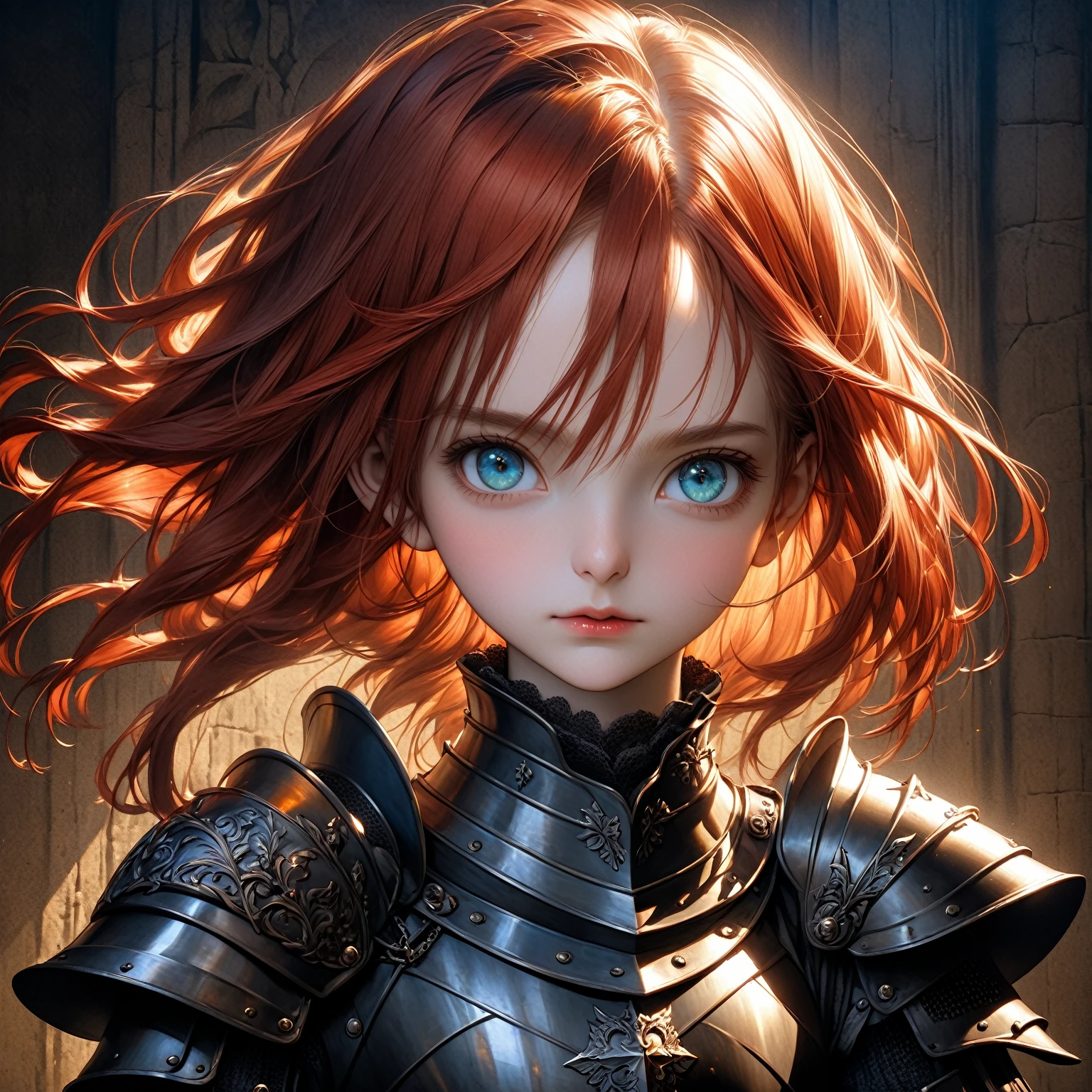 a girl with scarlet hair, azure eyes, wearing a medieval knight's armor, posing heroically, detailed portrait, realistic, photorealistic, 8k, ultra-detailed, masterpiece, oil painting, dramatic lighting, cinematic, atmospheric, french renaissance, chiaroscuro, rich colors, dramatic shadows