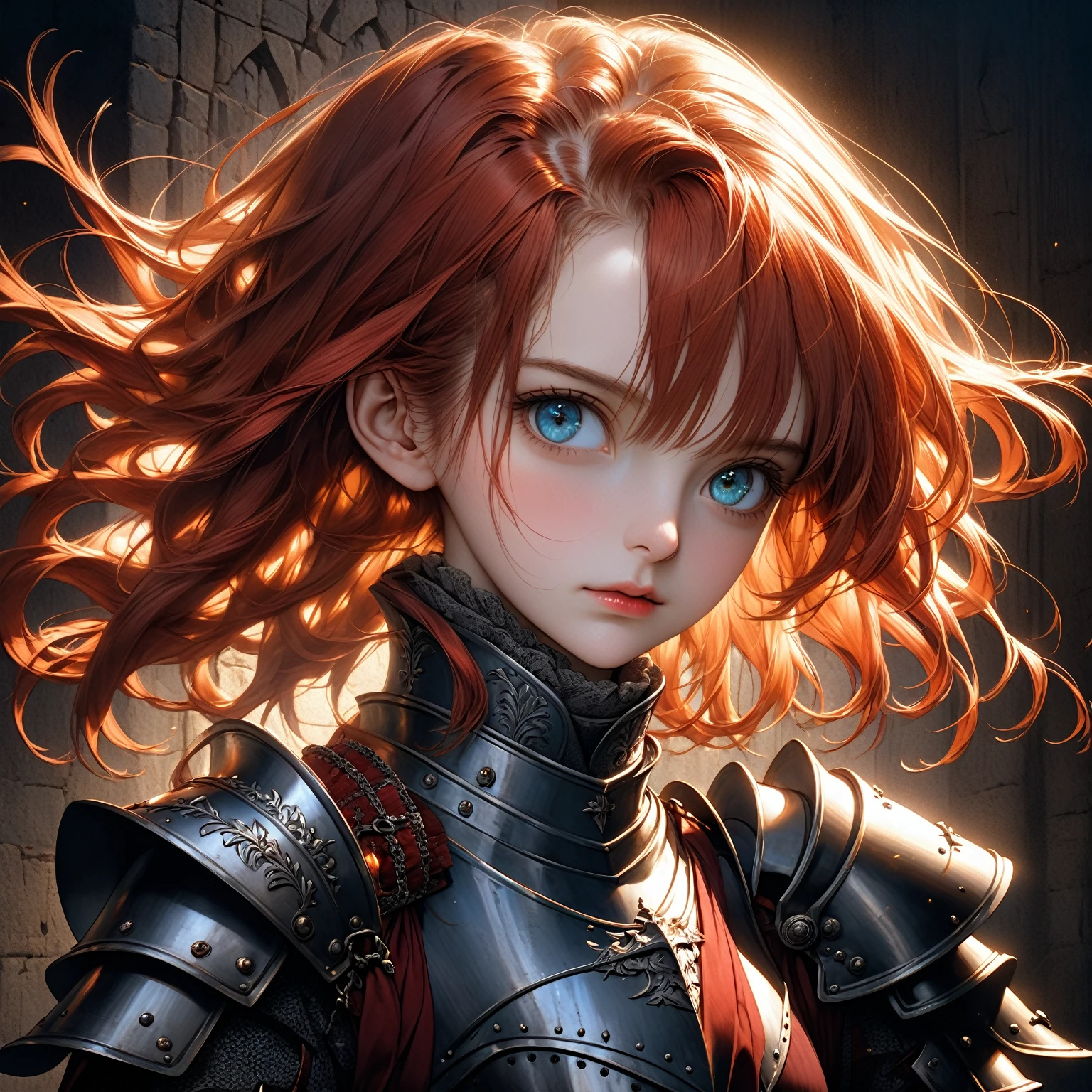 a girl with scarlet hair, azure eyes, wearing a medieval knight's armor, posing heroically, detailed portrait, realistic, photorealistic, 8k, ultra-detailed, masterpiece, oil painting, dramatic lighting, cinematic, atmospheric, french renaissance, chiaroscuro, rich colors, dramatic shadows