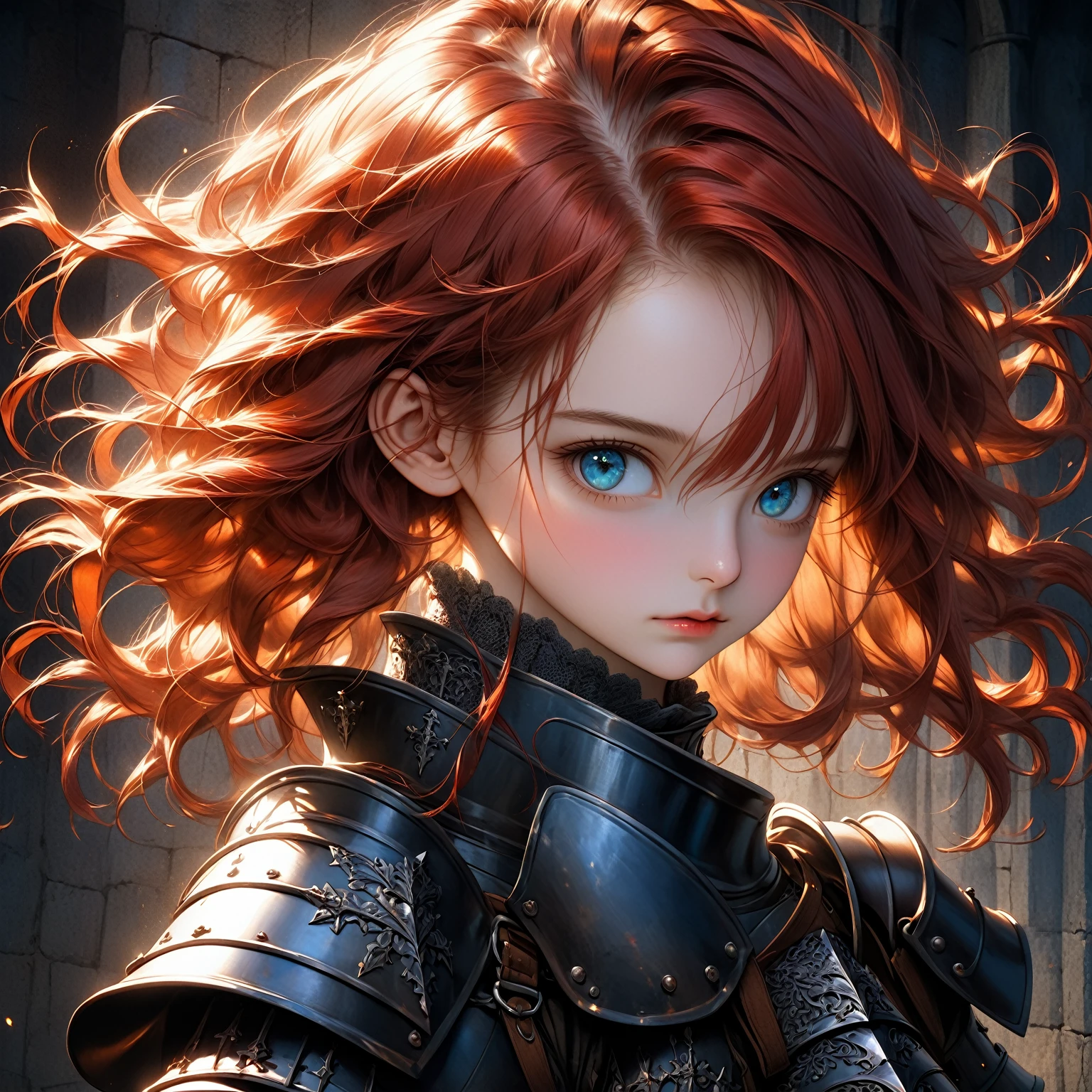 a girl with scarlet hair, azure eyes, wearing a medieval knight's armor, posing heroically, detailed portrait, realistic, photorealistic, 8k, ultra-detailed, masterpiece, oil painting, dramatic lighting, cinematic, atmospheric, french renaissance, chiaroscuro, rich colors, dramatic shadows