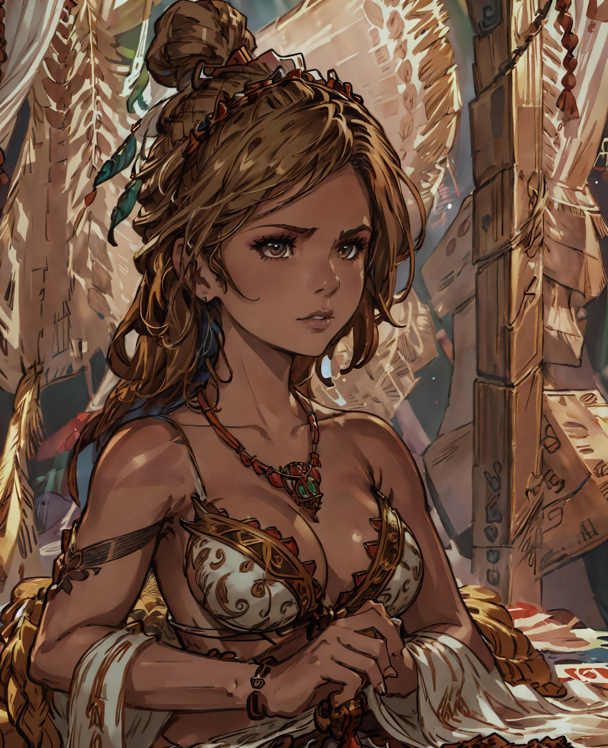 a beautiful woman in tribal outfit, detailed face and eyes, long dark hair,glowing skin,intricate tribal tattoos,beaded necklace and bracelets,earthy tones,dramatic lighting,cinematic composition,(best quality,4k,8k,highres,masterpiece:1.2),ultra-detailed,(realistic,photorealistic,photo-realistic:1.37),detailed portrait,dramatic lighting,moody atmosphere