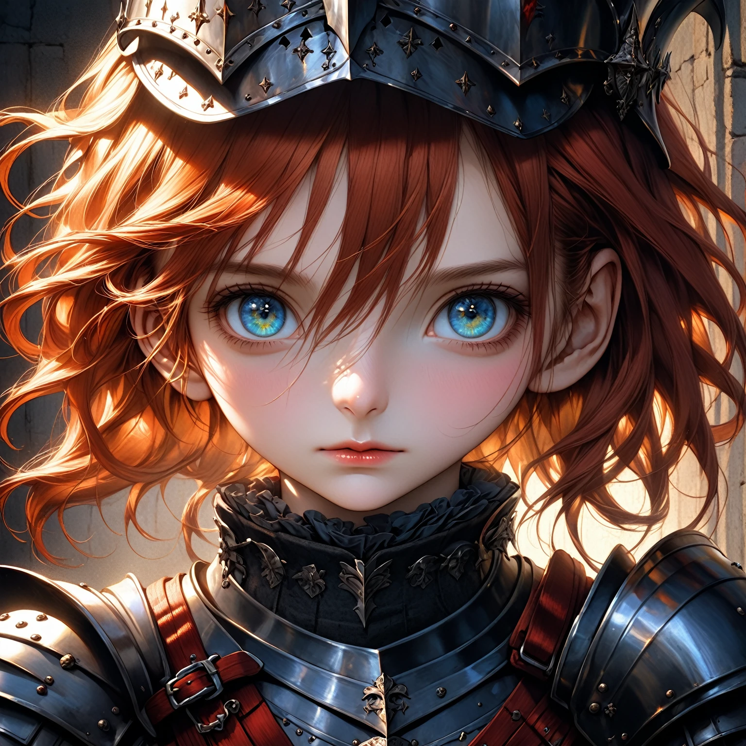 a girl with scarlet hair, azure eyes, wearing a medieval knight's armor, posing heroically, detailed portrait, realistic, photorealistic, 8k, ultra-detailed, masterpiece, oil painting, dramatic lighting, cinematic, atmospheric, french renaissance, chiaroscuro, rich colors, dramatic shadows