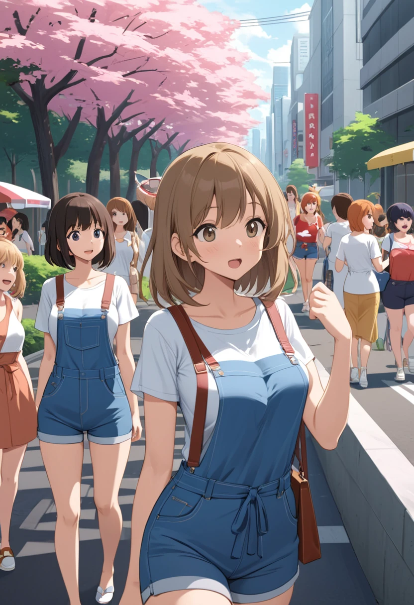 the attractive Akane Tendo from the anime "Ranma 1/2," traveling through Tokyo park dressed in summer overall short shorts and form-fitting t-shirt. Capture their lively expressions as they explore the bustling city, surrounded by cherry blossom park scene. Anime, Slice of Life, Urban, Female Protagonist, Summer Outfits, Friendship, Tokyo, Akane.