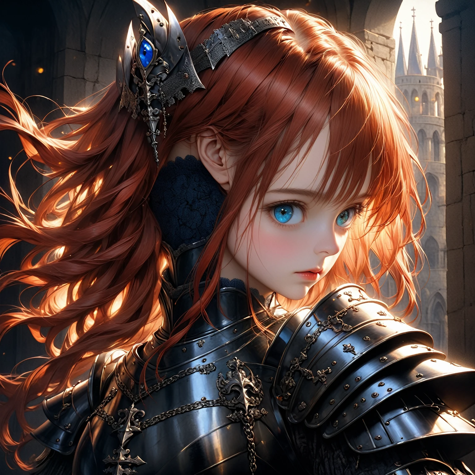 a girl with scarlet hair, azure eyes, wearing a medieval knight's armor, posing heroically, detailed portrait, realistic, photorealistic, 8k, ultra-detailed, masterpiece, oil painting, dramatic lighting, cinematic, atmospheric, french renaissance, chiaroscuro, rich colors, dramatic shadows