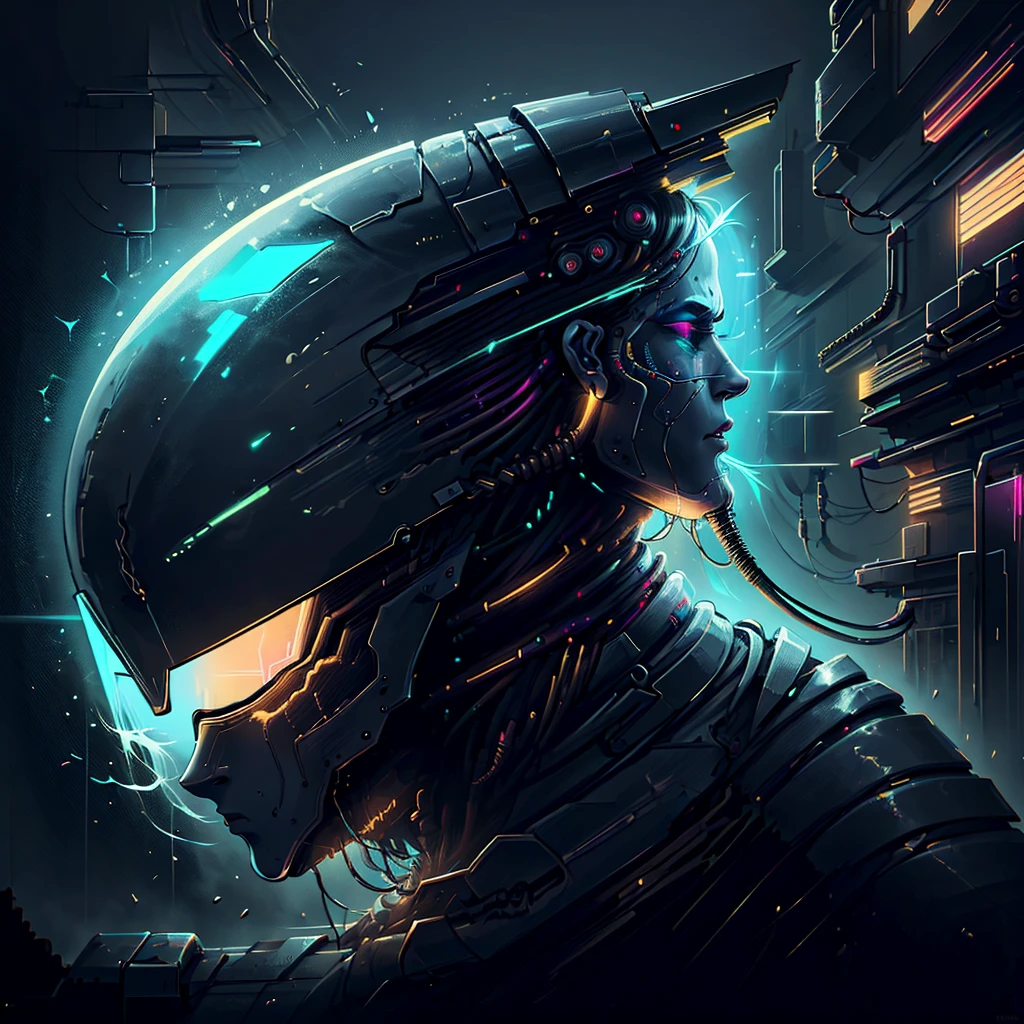 (Best quality,8 K,official work of art,ultra detailed:1.2), mesmerizing profile photo, half-cyborg woman, ninja, imposing, antisocial, Identical, neon cold lighting, Retro-futuristic atmosphere, Steam wave