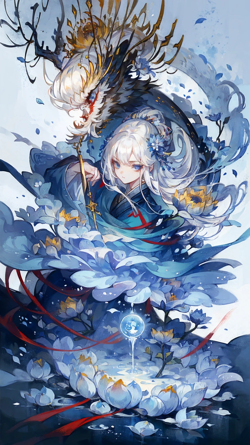 One young man, long snow-white hair, blue-toned traditional clothing. ,Blue eyes,Wearing accessorieei flower, goblet, half dragon, looking at the viewer, 8k resolution, very detailed, anatomically correct, sharp image, digital painting, concept art, ,Extremely beautiful,Chinese dragon horn, the cut is accurate,and harmonious,clean color,stains,resolute cut,masterpiece,super detailed,grand composition, high quality, highest specifications ,Sunflower Garden, Chinese Dragon, Ancient China, Mei Flower, Riw Tree, Lotus Pond