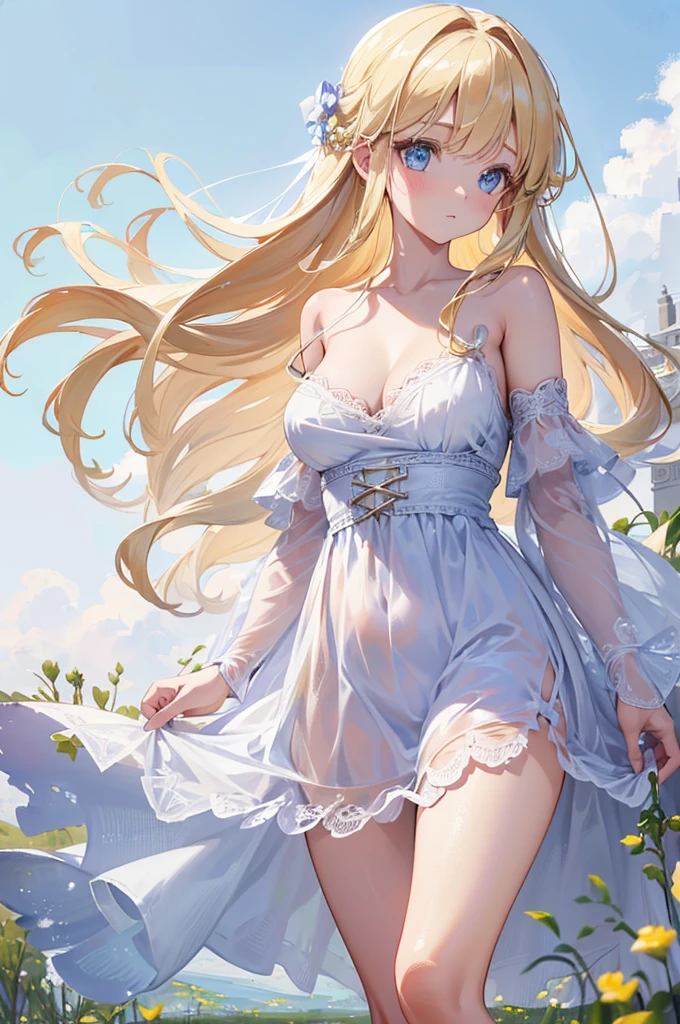 1girl, off-shoulder dress ,detailed, (best quality,4k,8k,highres,masterpiece:1.2), (realistic,photorealistic,photo-realistic:1.37), long blonde hair,no breast, very light blue eyes, very slim, serene expression, standing in a field of wildflowers, soft natural lighting, vibrant colors, ethereal atmosphere