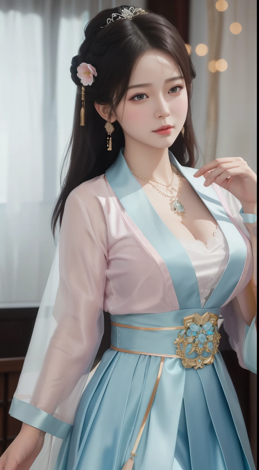 best quality, masterpiece, highres, 1girl,china dress,hair ornament,necklace, jewelry,Beautiful face,upon_body, tyndall effect,photorealistic, dark studio, rim lighting, two tone lighting,(high detailed skin:1.2), 8k uhd, dslr, soft lighting, high quality, volumetric lighting, candid, Photograph, high resolution, 4k, 8k, Bokeh, Wet-breasted Hanfu open V-chested clothes, All pictures, Wet body of thin silk fabric, Thin silk lace petticoat,princess 10 yeald old cute, (huge ，cleavage),petticoat, white pink, blue ，best qualtiy，tmasterpiece，Ultra-high resolution，（Reality：1.4），RAW photogr，（True skin texture：1.3），（filmgrain：1.3），（Selfie angle），1个Giant Breast Girl，Beautiful eye and face details，tmasterpiece，Best quality at best，exposing thighs，Bigchest，The chest is more exposed, pattern on fabric