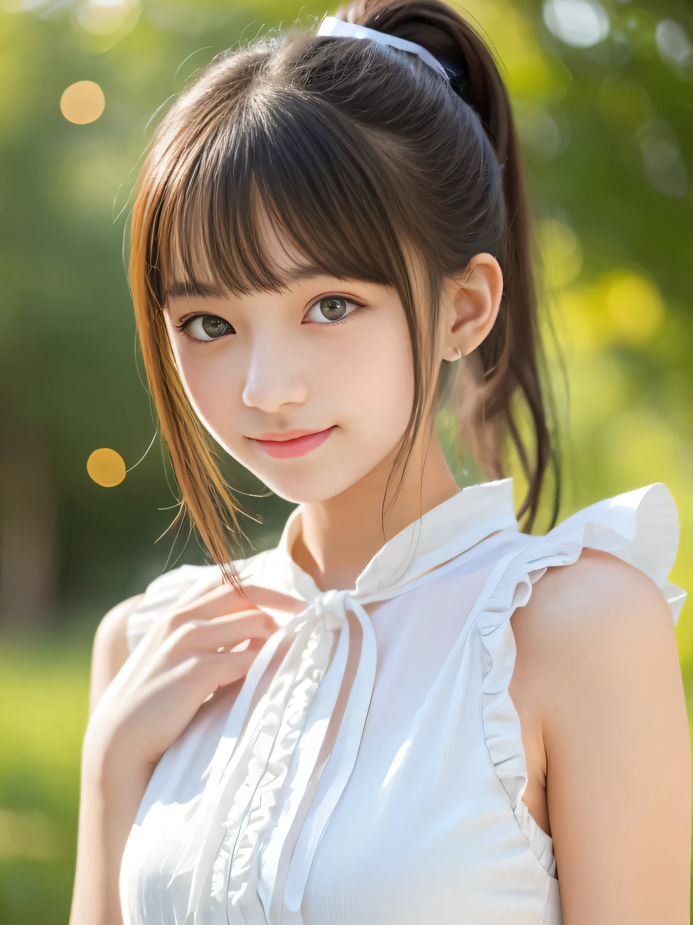((smile))、Confused、RAW Photos、(((The ultimate portrait masterpiece)))、((The cutest girl in the world:1.4))、1 girl、、Japanese、Cute face、((Silky Hair))、(A high ponytail tied with a ribbon:1.4)、((32C breasts:1))、((bright hazel eyes that shine like jewels))、Glowing Skin、(young woman),unbuttoned blouse、(open white blouse:1.4)、white blouse、no tie, blouse unbuttoned, eyeliner、Beautiful Bangs、Detailed Background、Digital SLR、Soft Light、high solve、Fujifilm XT3、Shallow depth of field、Natural Soft Light、Narrow waist,(Beautiful girl with sparkling eyes:1.4) ,(The idol-like cuteness of high school girls:1),(Frill-loving idol:1.3),(Ultra Dynamic:1),