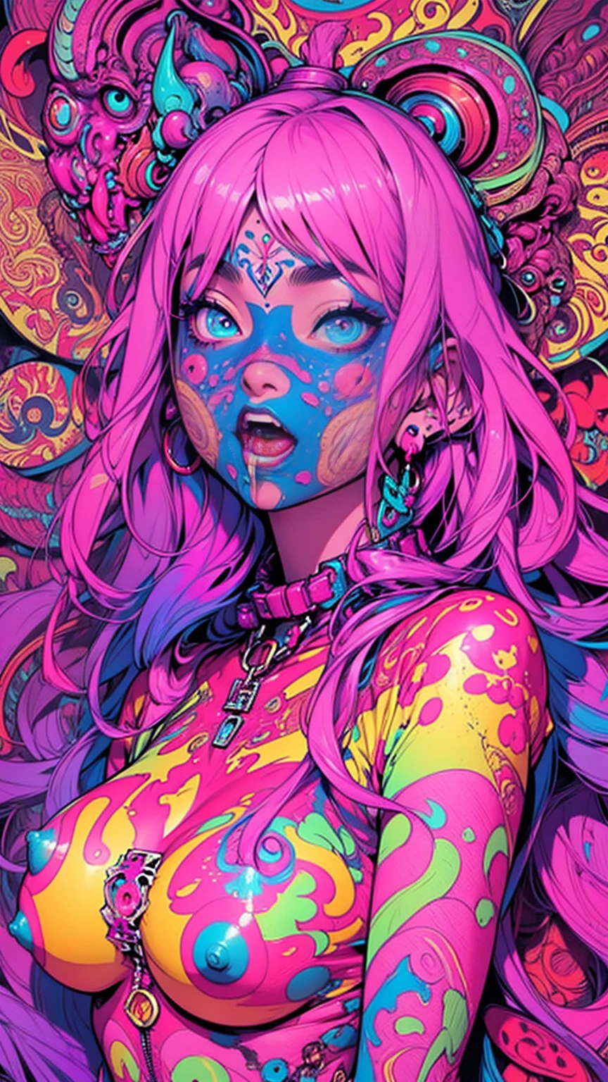 NSFW, Seductive psychedelic horror, nipples, Trippy Hentai, body horror, having sex, real breasts, surreal Sex, LSD trip, sensual, psychedelic vaginal sex, vaginal penetration, provocative, very colorful, glowing