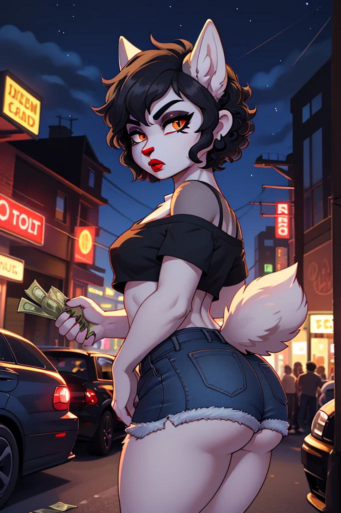 (masterpiece), (best quality), (high res) (solo), (perfect anatomy) (perfect face), wolf and sheep hybrid, (black hair), (black wool), (curly short hair), fair skin, ambiguous gender, (1boy1girl), flat chest, wide hips, thick thighs, (blue jean mini shorts), (prostitute), ((red tiny top)), yellow glowing in the dark eyes, angry, androgynous, (long eyebrows), ((deep red lipstick)), ((black eyeshadow)), sexy pose, in a street full of people, ((talking to someone inside a car)), ((grabbed by an taller unknown man from behind)), ((money in her hands)), (((butt against a man crotch))), (((visible buldge)))