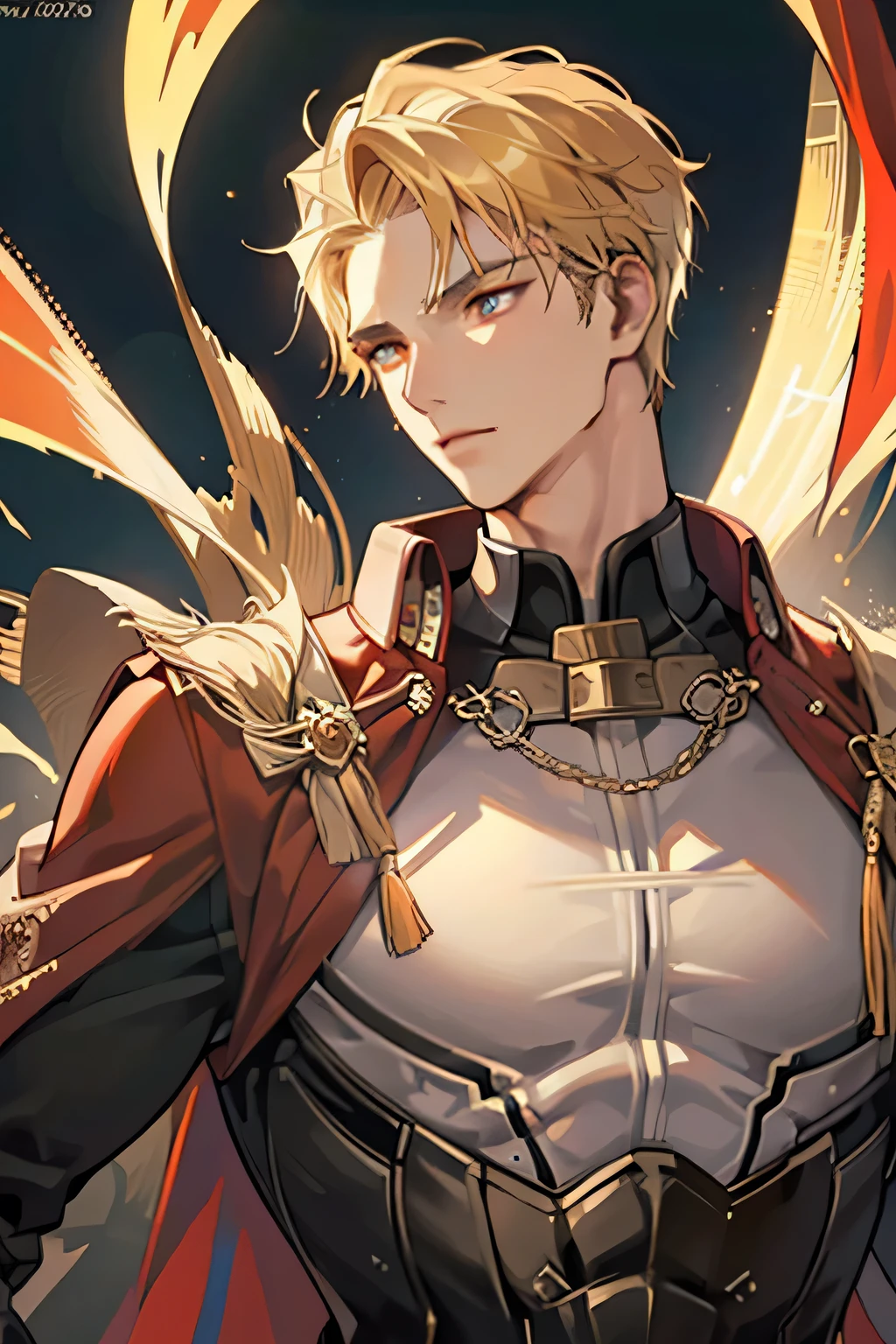 1male, handsome man, 40 years old, buff, tall, portrait, stoic facial expression, great facial features, cheekbones great, long blonde spiky hair, swept over haircut, eyes glow orange, glowing eyes, white spandex suit, suit has gold and red patterns, gold and red accents on suit, long winding red cape. 8k, wallpaper of extreme detail, masterpiece, increased resolution, highly detailed, cinematic lighting,ray trace,golden ratio, hyper realistic.