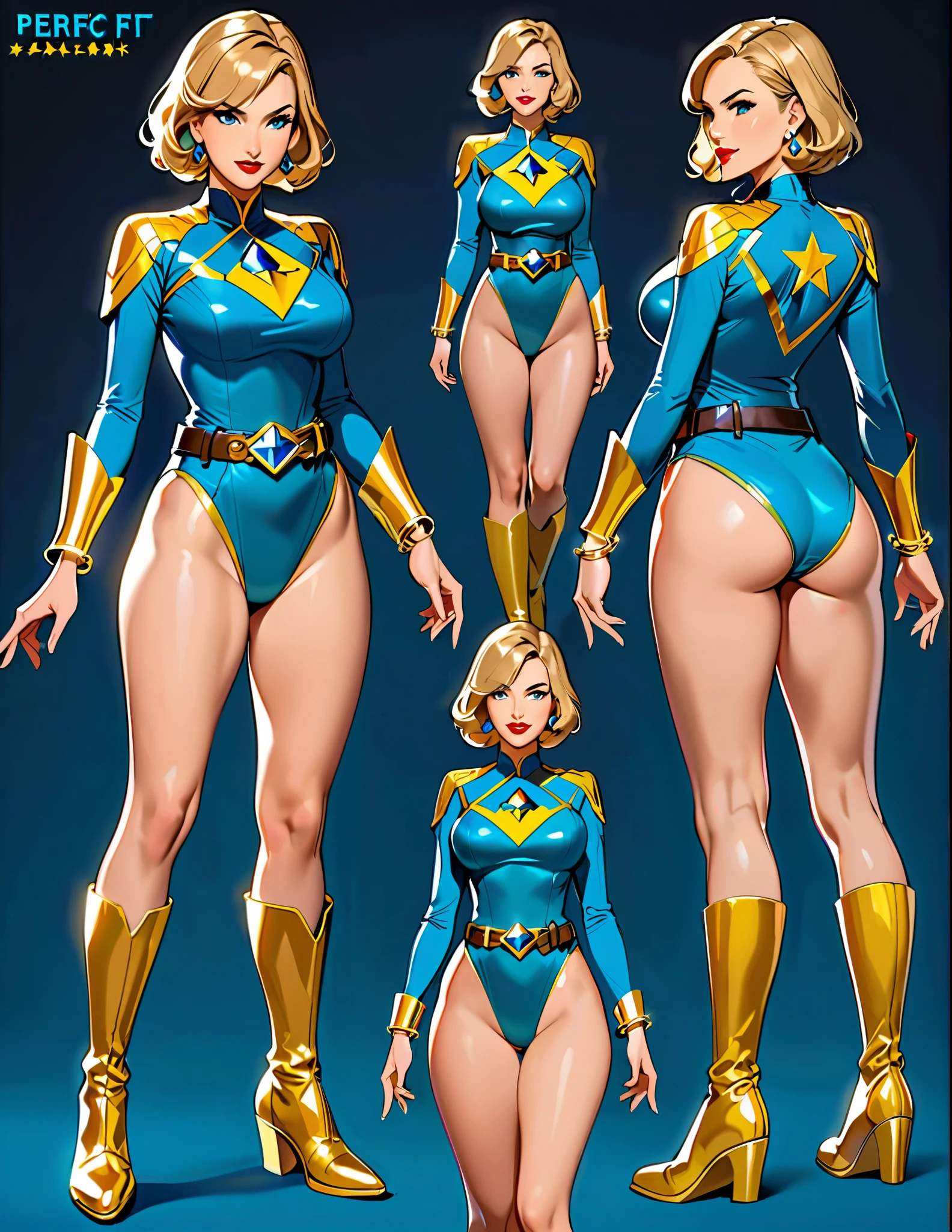 (masterpiece), (best quality), (hires), highly detailed, professional, 1lady, lady, tall body, (gold belt, tight belt), blonde hair, short hair, bob hair, blue eyes, beautiful detailed eyes, beautiful detailed face, (ankle-length boots, knee boots, yellow boots, yellow footwear), (large breastum breasts), (teyellow leotard, sleeves, long sleeves, tight sleeves, perfect fit), perfect hands, complete fingers, (gold bracelets), (bare legs), red lips, solo, solo focus, superhero, ((gold star symbol on chest)), ((blue diamond belt buckle)), full body shot, full body with costume, semi-realistic, serious. Simple background, Multiple Views, Character Sheet Full-Length.