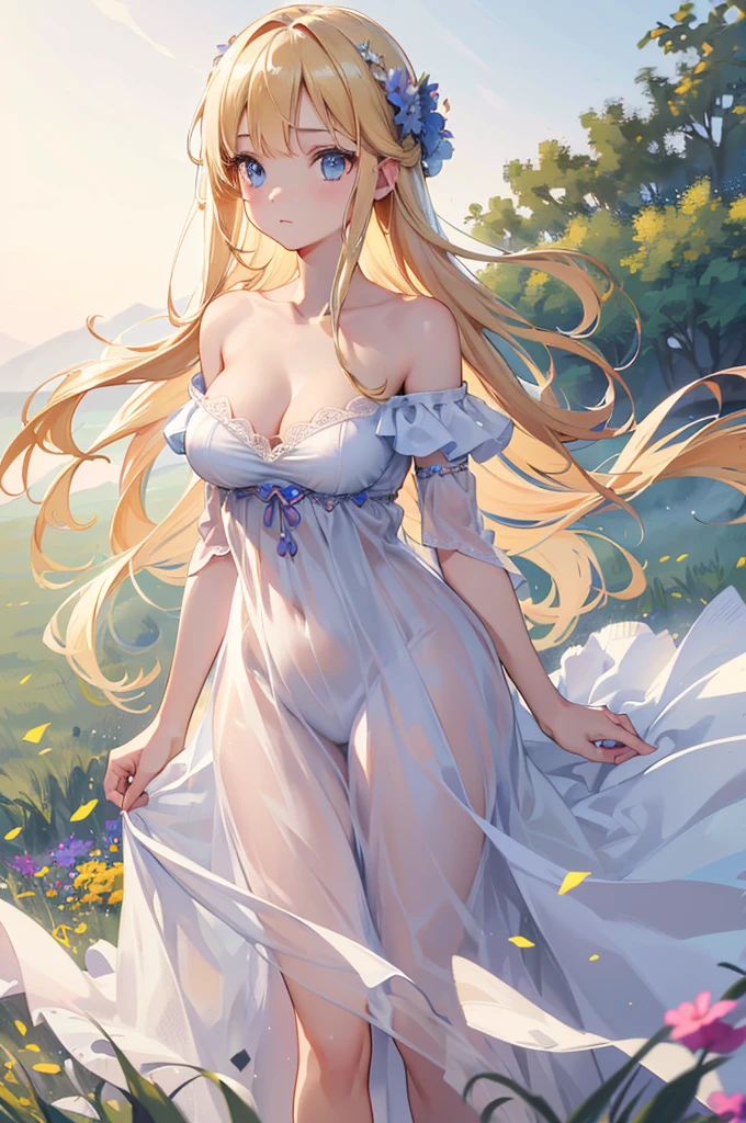 1girl, off-shoulder dress ,detailed, (best quality,4k,8k,highres,masterpiece:1.2), (realistic,photorealistic,photo-realistic:1.37), long blonde hair,no breast, very light blue eyes, very slim, serene expression, standing in a field of wildflowers, soft natural lighting, vibrant colors, ethereal atmosphere
