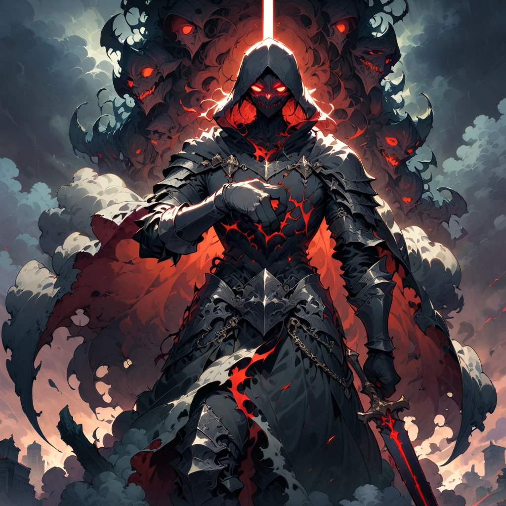 man, proud warrior wearing intricate medieval black armor in HKStyle style and epic mask with black ornaments., holding a large crimson glowing sword, red gloomy eyes, Very broad shoulders, wear big mittens, epic composition. A warrior stands heroically in a flowing cloak and black hood during a storm with foggy darkness., Storm clouds in the background . The scene depicts him in brooding emotional agony., Gloomy dramatic lighting, (masterpiece, Best quality, perfect composition, very aesthetic, absurdity, ultra detailed, complex parts, professional, official art, Representative work:1.3), (Animajin:0.01)