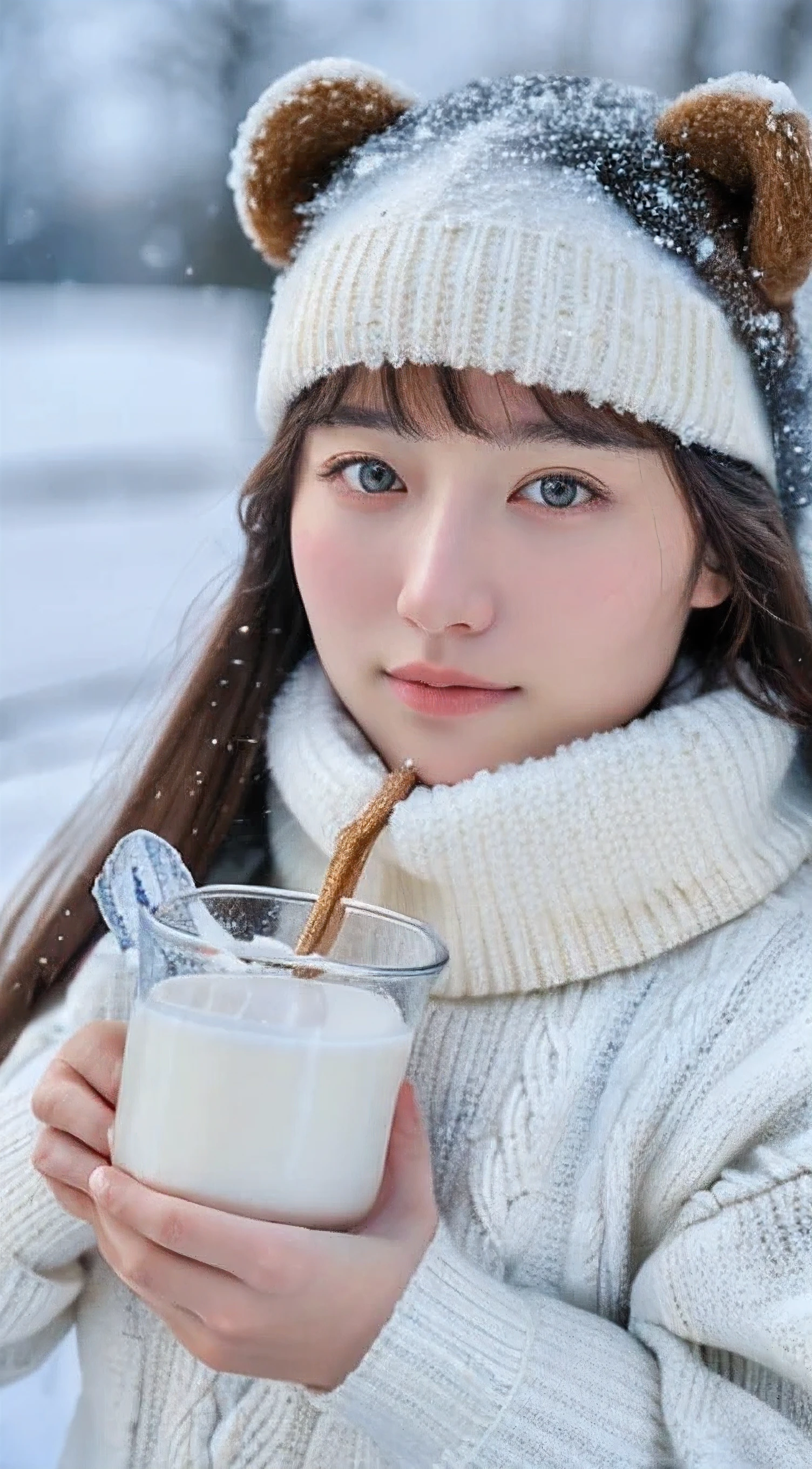 (masterpiece:1.35),(best-quality:1.4),8k,ultra-detailed,photography,(ultra-realistic:1.4), adult girl, long hair, sweater, snowing background, while holding BEAR BRAND milk