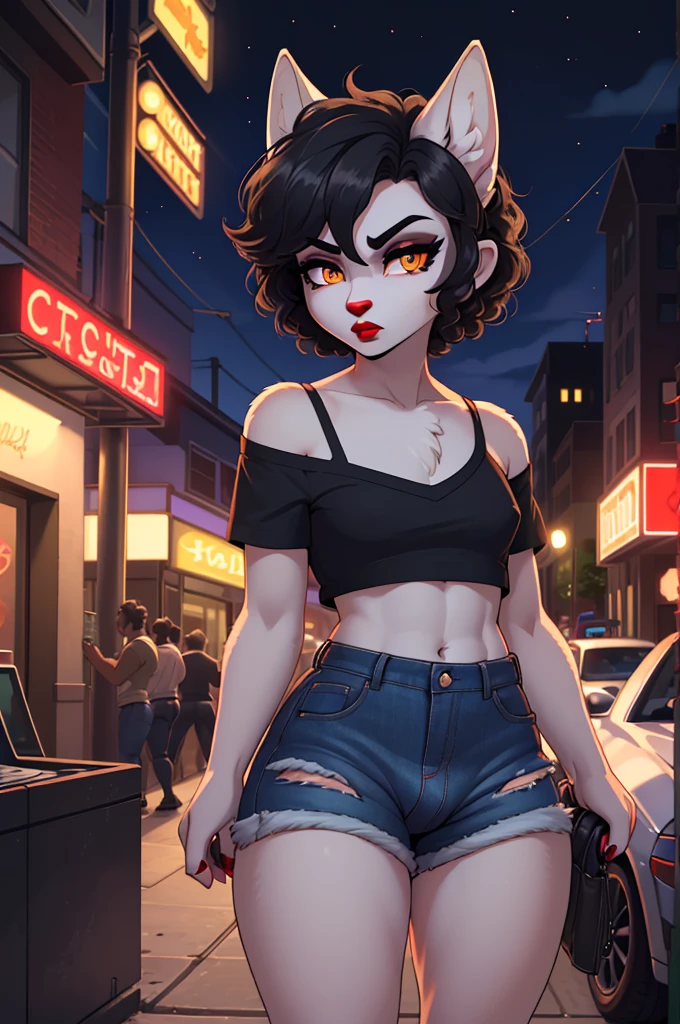 (masterpiece), (best quality), (high res) (solo), (perfect anatomy) (perfect face), wolf and sheep hybrid, (black hair), (black wool), (curly short hair), fair skin, ambiguous gender, (1boy1girl), flat chest, wide hips, thick thighs, (blue jean mini shorts), (prostitute), ((red tiny top)), yellow glowing in the dark eyes, angry, androgynous, (long eyebrows), ((deep red lipstick)), ((black eyeshadow)), sexy pose, in a street full of people, ((talking to someone inside a car)), ((grabbed by an taller unknown man from behind)), ((money in her hands)), (((butt against a man crotch))), (((visible bulge)))