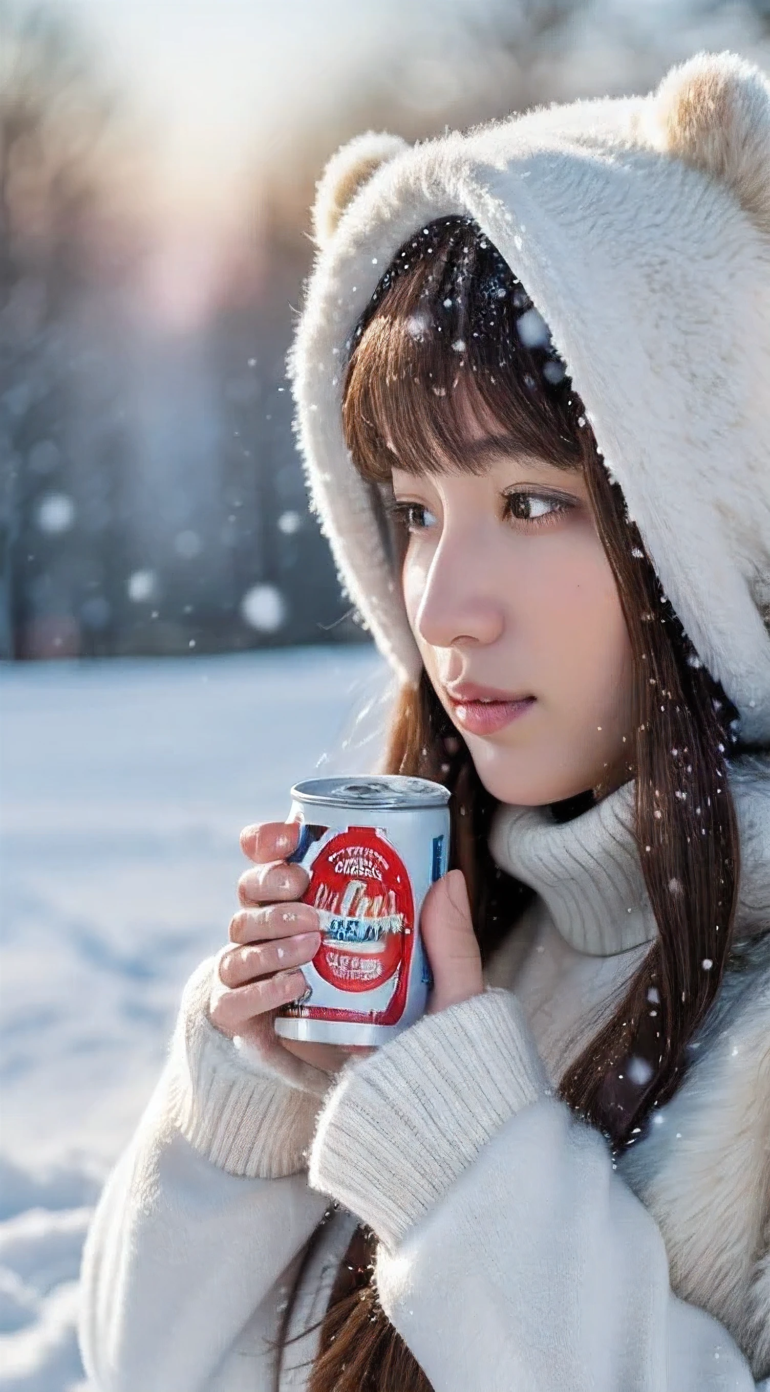 (masterpiece:1.35),(best-quality:1.4),8k,ultra-detailed,photography,(ultra-realistic:1.4), adult girl, long hair, sweater, snowing background, while holding a can of milk with the BEAR BRAND brand