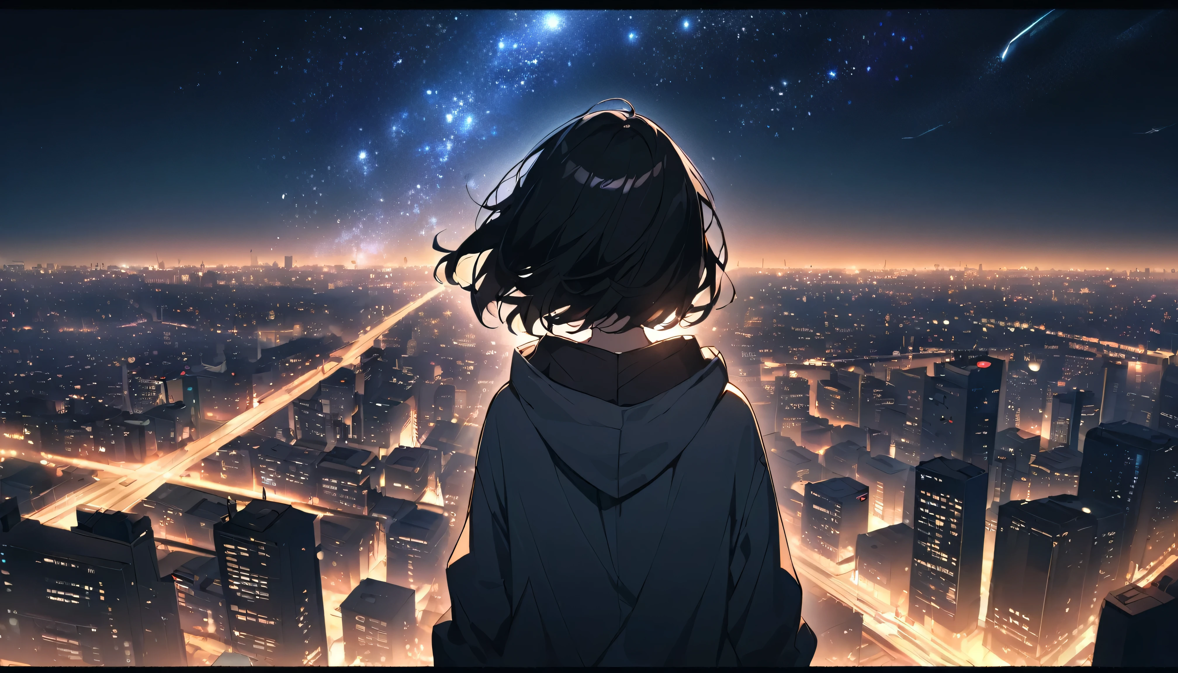 Starry Sky、Night view、City、One woman、Black Hair、Short Hair、Hair blowing in the wind、Wearing a hoodie、back、Full body portrait、Overlooking the city