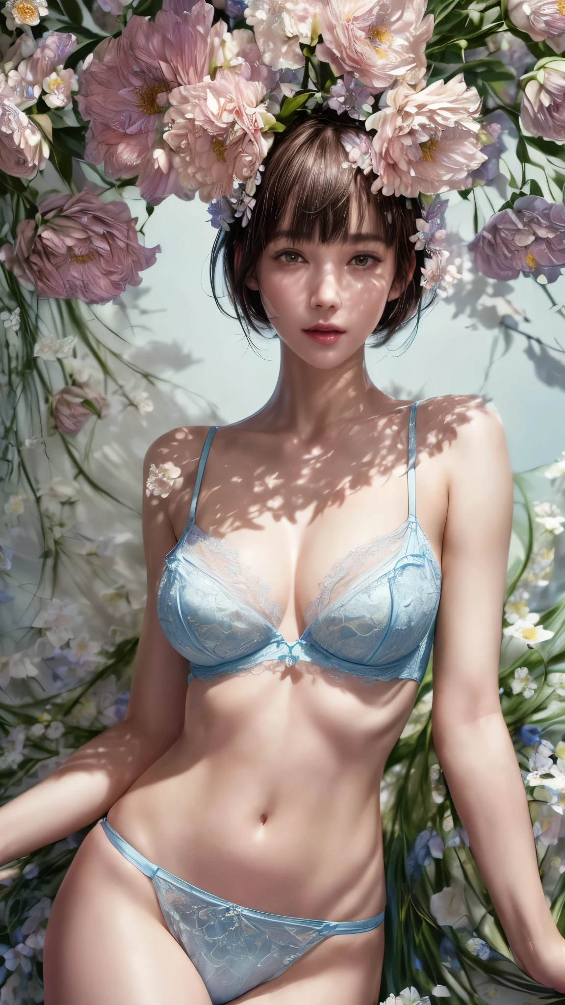 Nipples, ((Light Blue Lingerie))、(((masterpiece, Highest quality)), 1 girl, (Realistic: 1.4), alone, White color background, Dark brown hair, ((blunt bangs))、hime_cut、Short Hair,smile、 ((whole body)), Very beautiful woman、Slender women、(Detailed face)、Realistic Skin、((Delicate photo)),(Girl Masterpiece RAW Photo Details:1.25), (Highest quality:1.6), (Ultra-high resolution:1.5), (Realistic:1.75),8k resolution, ,50mm,Absurd, Ultra-detailed,Cinema Lighting、(((Lots of flowers)))、(((Flower Art)))、Artwork、
