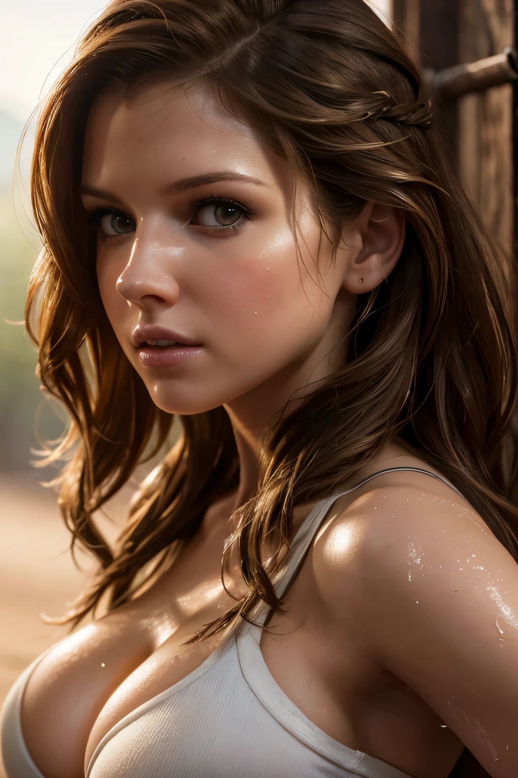 Masterpiece, 16K, hyper realistic photography, close-up photo, Best Quality, (super detailed), (Exotic Sexy Anna Kendrick as Lara Croft), realistic skin, wavy hair, lighting soft, facing viewer, show breast, wet vagina, Wild West, bokeh