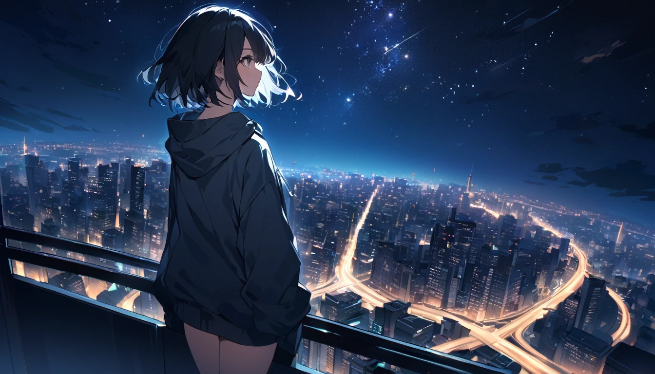 Starry Sky、Night view、City、One woman、Black Hair、Short Hair、Hair blowing in the wind、Wearing a hoodie、back、Full body portrait、Overlooking the city