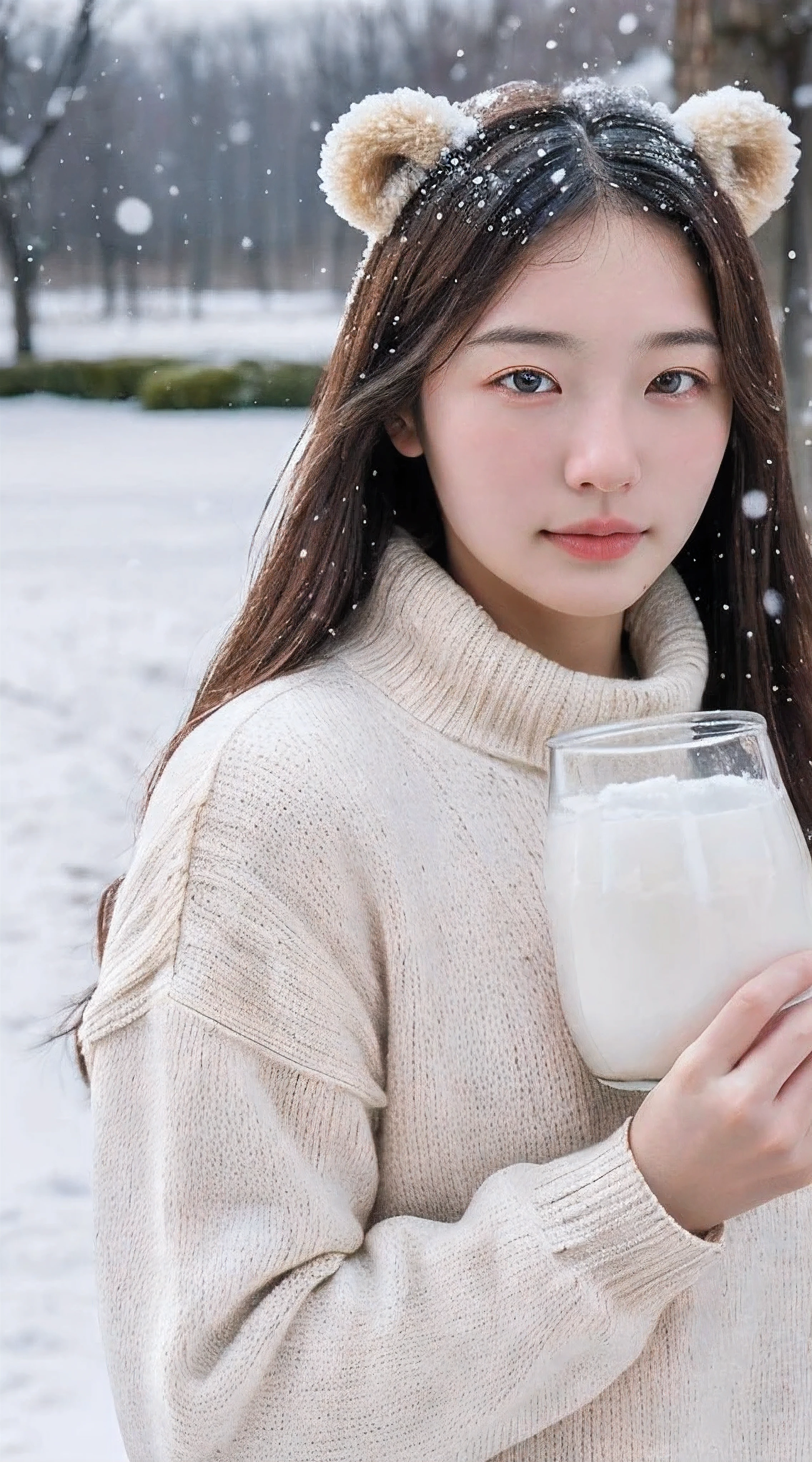 (masterpiece:1.35),(best-quality:1.4),8k,ultra-detailed,photography,(ultra-realistic:1.4), adult girl, long hair, sweater, snowing background, while holding BEAR BRAND milk