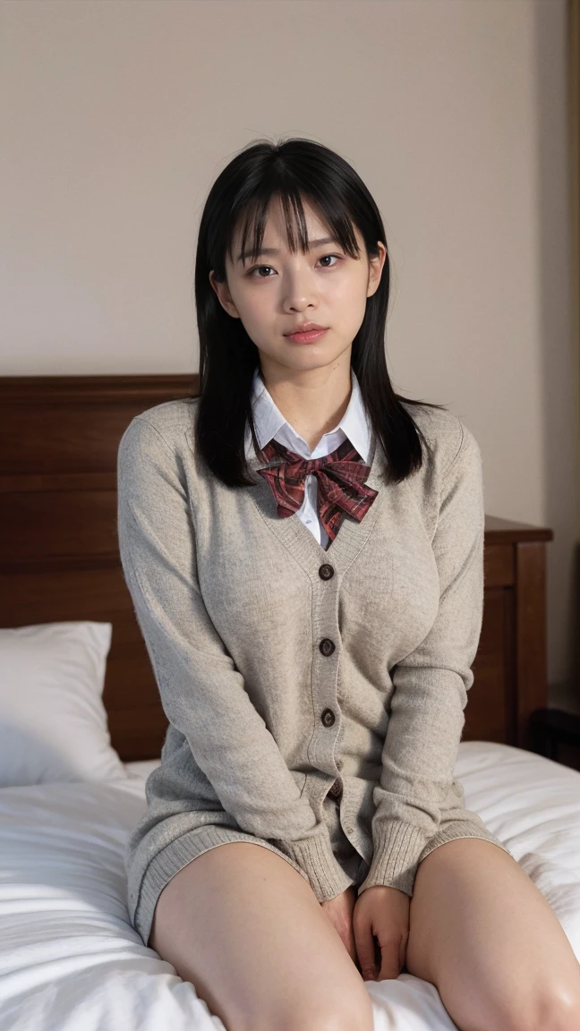 (((8k、High resolution、Highest quality、High resolution)))alone、Natural body shape、White skin、Natural Makeup、Black Hair、bangs、Straight Long Hair、、((High School Uniform)) 、((Beige cardigan、white collared long sleeve blouse))、((Red Plaid Pleated Skirt))、(red school ribbon)、、(Big Breasts:1.3)、((The upper body is wearing a uniform))、(((((Looking into the camera)))))、(((Head to shin portrait)))、(((Exposing thighs)))、Bedroom、On the bed、Sit with your legs apart、((Focus on the crotch))、White socks