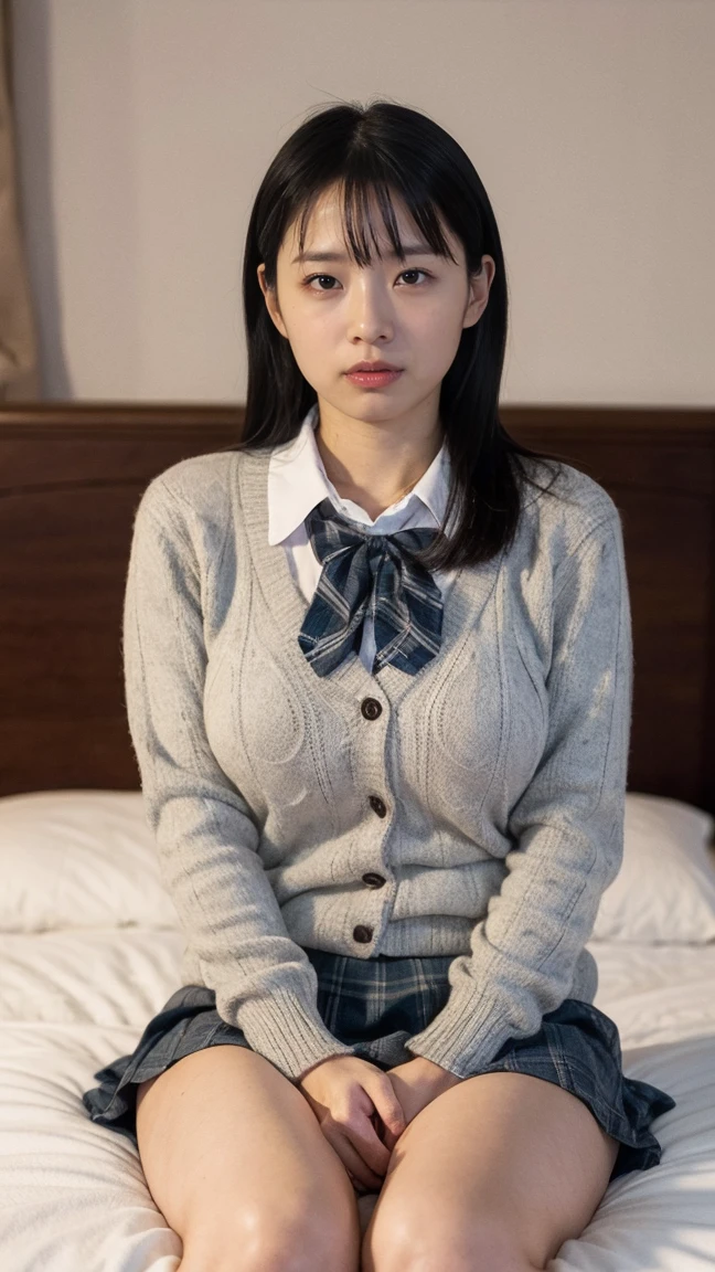 (((8k、High resolution、Highest quality、High resolution)))alone、Natural body shape、White skin、Natural Makeup、Black Hair、bangs、Straight Long Hair、、((High School Uniform)) 、((Beige cardigan、white collared long sleeve blouse))、((Red Plaid Pleated Skirt))、(red school ribbon)、、(Big Breasts:1.3)、((The upper body is wearing a uniform))、(((((Looking into the camera)))))、(((Head to shin portrait)))、(((Exposing thighs)))、Bedroom、On the bed、Sit with your legs apart、((Focus on the crotch))、White socks