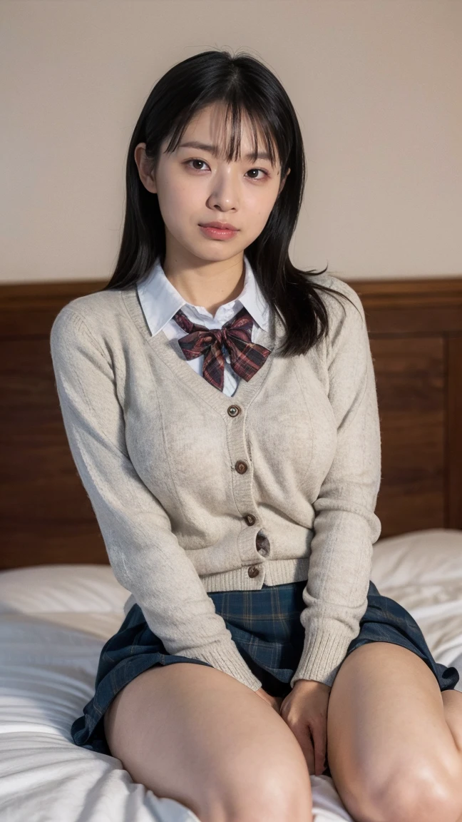 (((8k、High resolution、Highest quality、High resolution)))alone、Natural body shape、White skin、Natural Makeup、Black Hair、bangs、Straight Long Hair、、((High School Uniform)) 、((Beige cardigan、white collared long sleeve blouse))、((Red Plaid Pleated Skirt))、(red school ribbon)、、(Big Breasts:1.3)、((The upper body is wearing a uniform))、(((((Looking into the camera)))))、(((Head to shin portrait)))、(((Exposing thighs)))、Bedroom、On the bed、Sit with your legs apart、((Focus on the crotch))、White socks