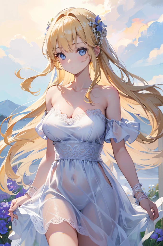Ultra-realistic 8K CG, masterpiece, best quality, a beautiful blonde girl, solo, captivating, long golden hair cascading down her back, sans bangs, piercing blue eyes framed by finely shaped eyebrows, a delicate face with rosy cheeks, wearing a summer dress with flowers adorning it, standing at the edge of a clear blue lake with rays of sunlight reflecting off the water, a gentle smile on her lips, and a sense of peace and serenity emanating from her being. The surrounding landscape is alive with lush greenery and vibrant colors, with the sun casting long shadows that accentuate her feminine form, creating a balanced