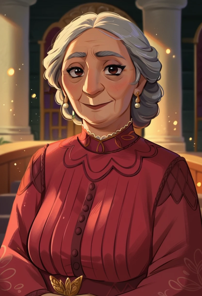 1woman, solo, gilf, mature woman, grey hair, upper body, Abuera Alma MadrigalPDXL, red dress, looking at viewer,, Expressive_Hj_cartoon score_9, score_8_up, score_7_up,