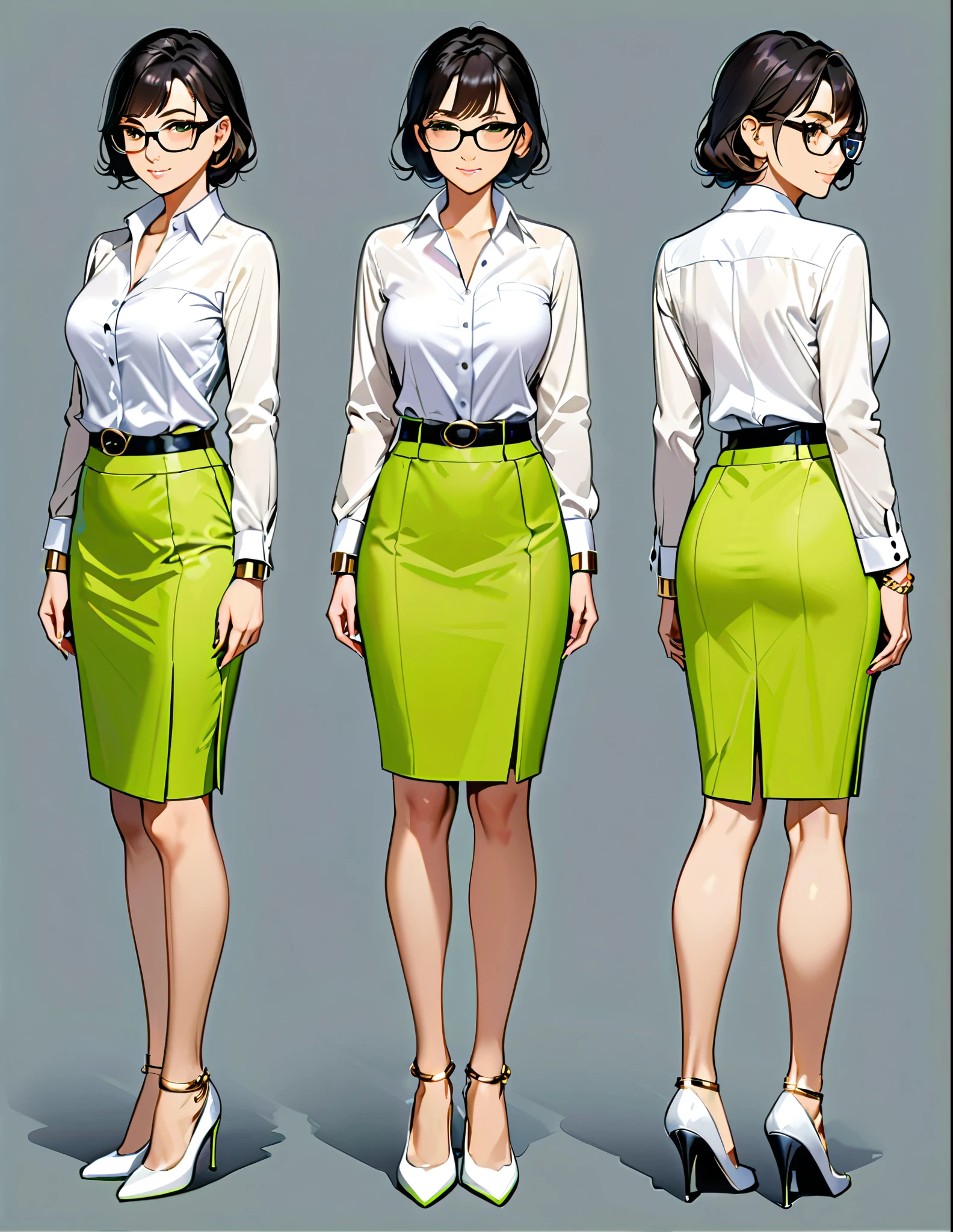 (masterpiece), (best quality), (hires), highly detailed, professional, 1lady, mature lady, tall body, jet black hair, short hair, tied up hair, green eyes, (glasses), (beautiful detailed eyes), beautiful detailed face, beige skirt suit, open jacket, white dress shirt, open collar, medium lime green pencil skirt, medium breasts, matching shoes, (perfect hands, complete fingers), (gold bracelets), bare legs, solo, solo focus, standing, cowboy shot, full body shot, full body with costume, semi-realistic, friendly. Simple background, Multiple Views, Character Sheet Full-Length.