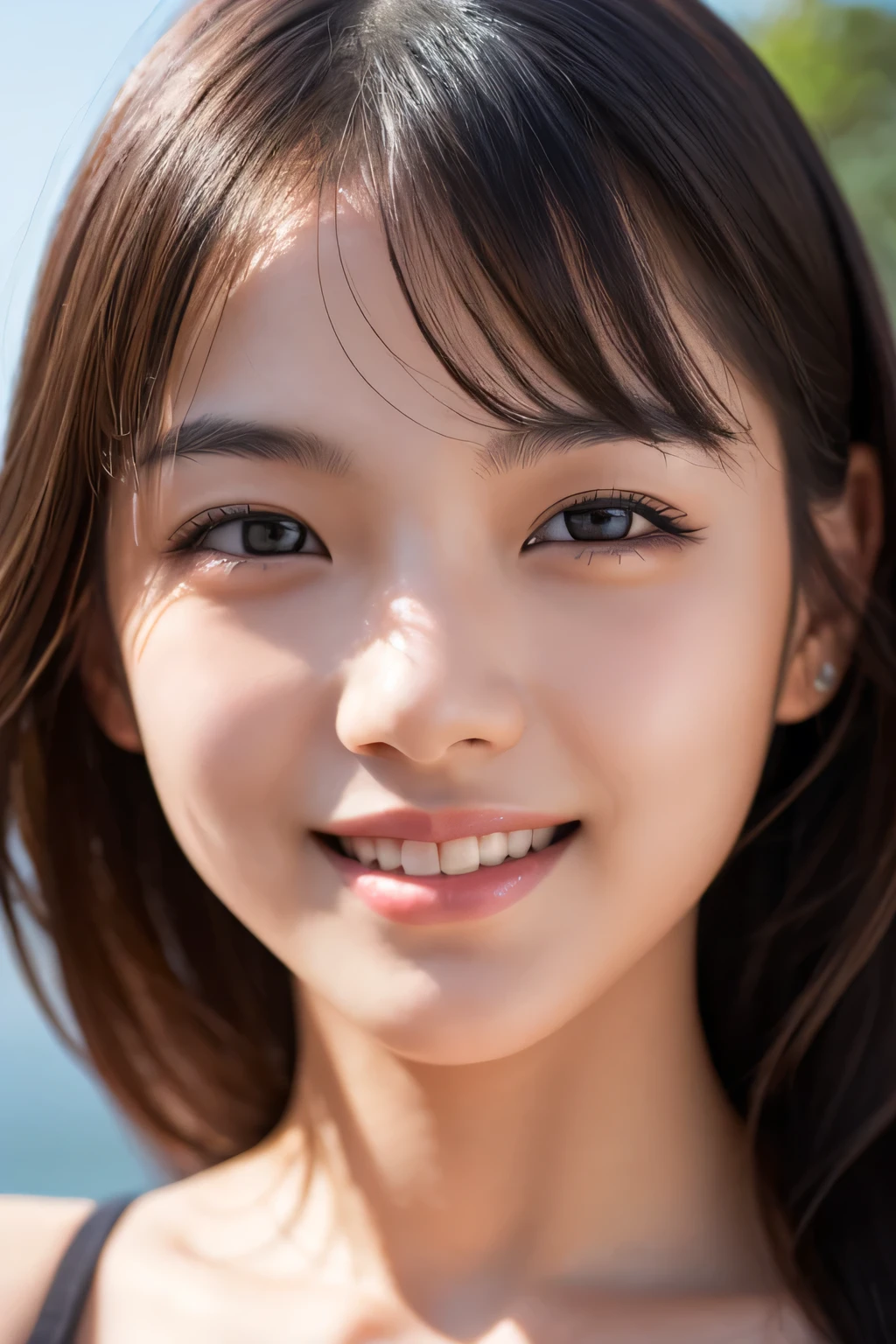 (1girl), ponytail, smile,Extremely cute face, Amazing face and eyes, (Highly detailed eyes, Highly detailed face), fresh, Very clean appearance, (Hyper-realistic, hight resolution), (Best Quality:1.4), (hyper quality), Authentic skin texture, Raw photo, (Realistic, Photorealsitic:1.37), highly detailed, girl portrait, Japanese beautiful girl, the most beautiful girl in the world,  short hair, LOL
