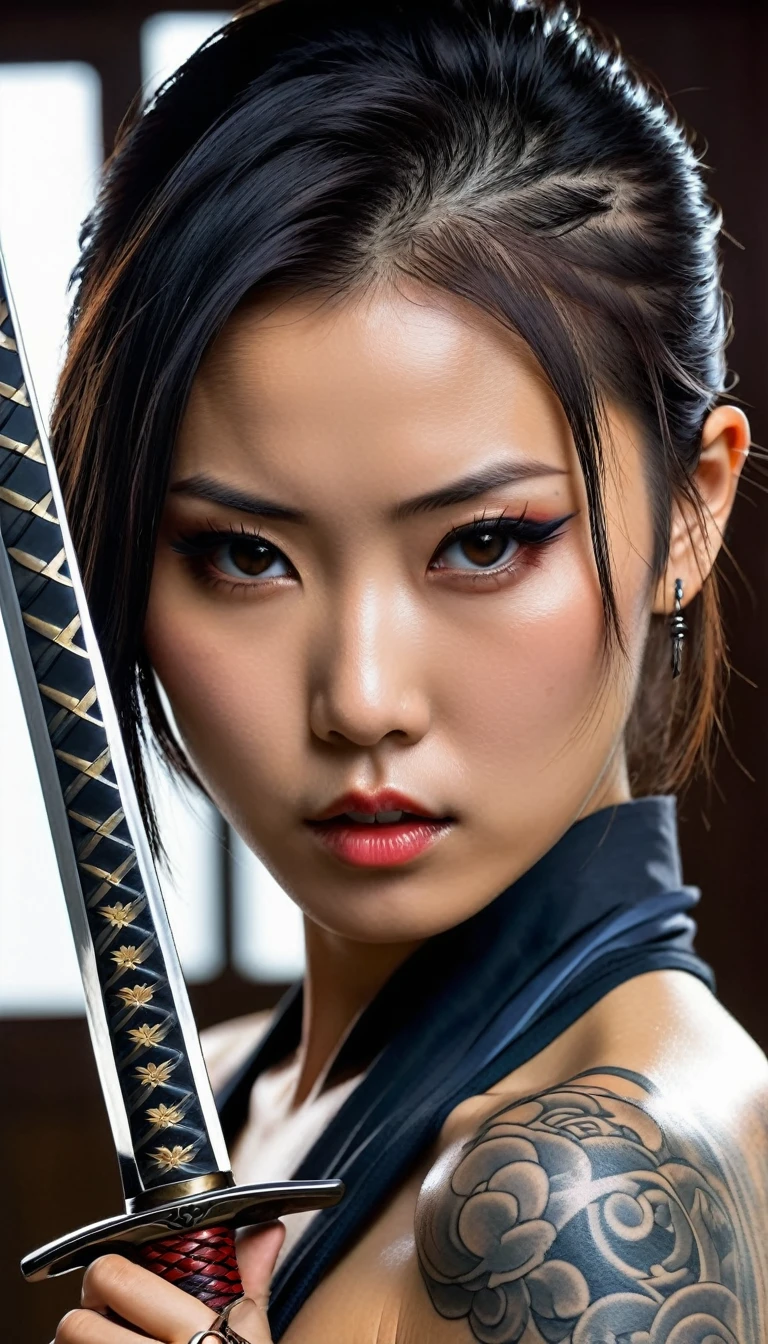 realisitic, 1 girl, retrato em close, beautiful japanese girl, yakuza tattoo on body, she holds the katana sword close to her face. shiny metal, gray metal details, metal reflection, pretty, sexly, dangerous, Fatal,