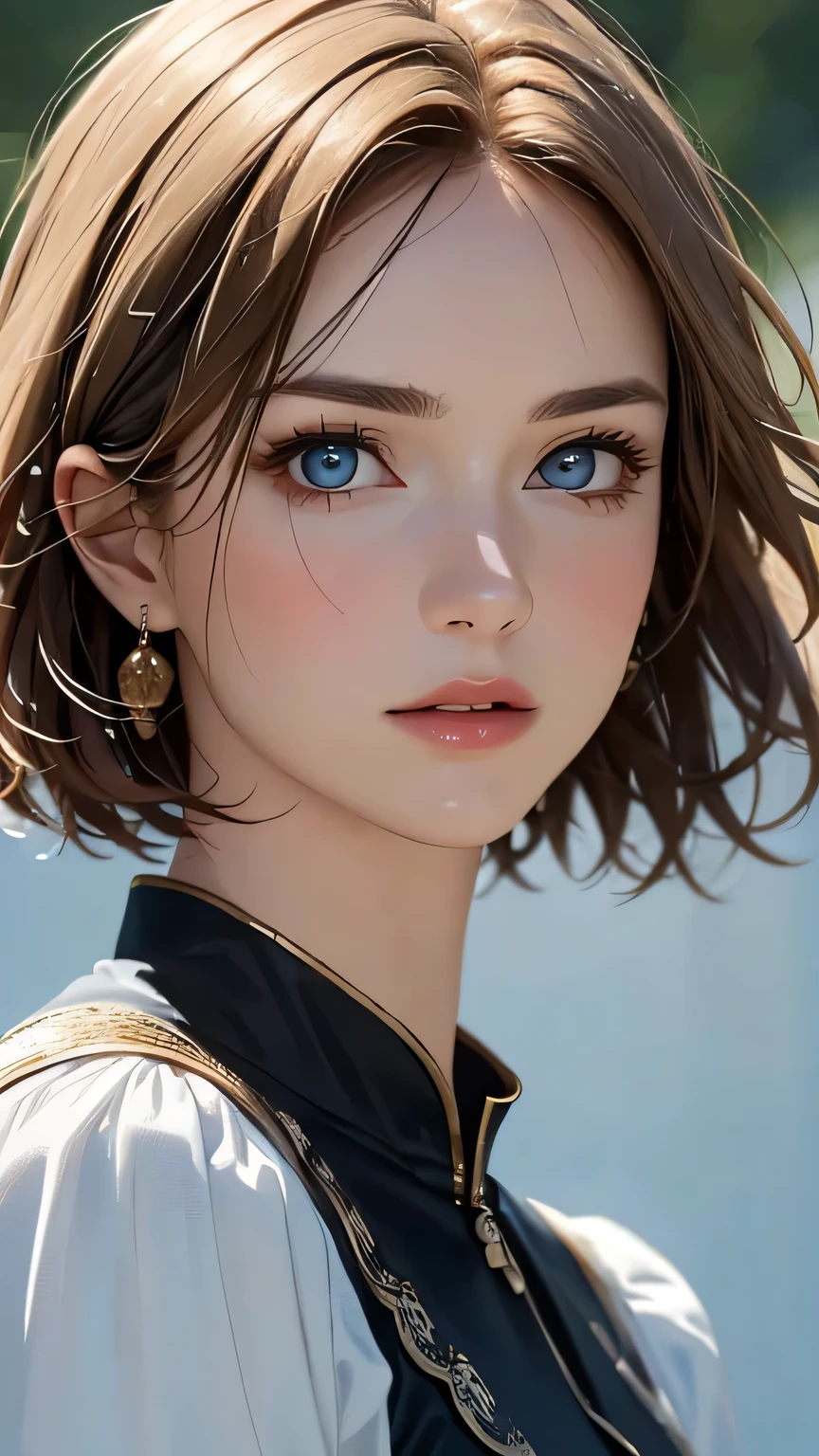 (highest quality,4k,8K,High resolution,masterpiece:1.2),Super detailed,realistic:1.37,portrait,blonde,blue eyes,white skin,medieval clothing,detailed facial features,beautiful lips,gorgeous eyes,A wonderful expression,retro style,soft lighting,Bright colors,short hair,break,cowboy shot,